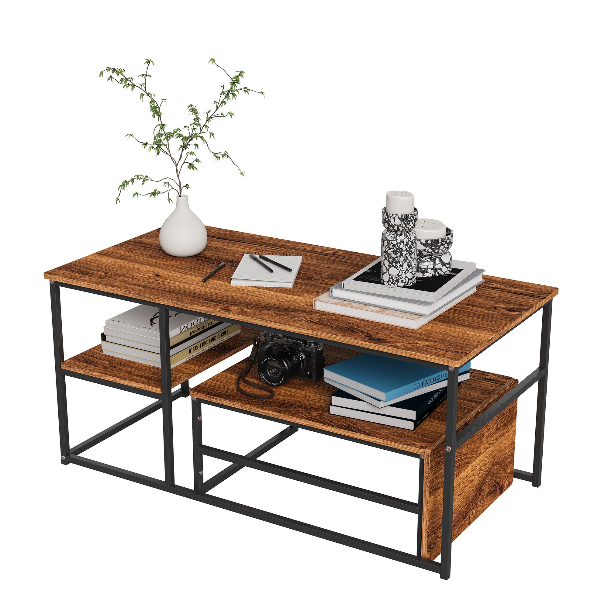 FUROKOY Couchtisch Beistelltisch Sofatisch wohnzimmertisch kaffeetisch 2er set (Quadratische,Set 2 in 1), mit Metallgestell,Holzoptik,Schwarz + Holzmaserung