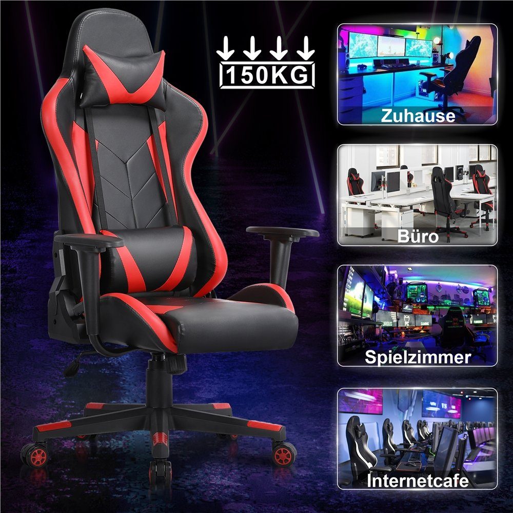 Design und Ergonomisches Schwarz Lendenkissen Yaheetech mit Kopfstütze Gaming-Stuhl, Rot /