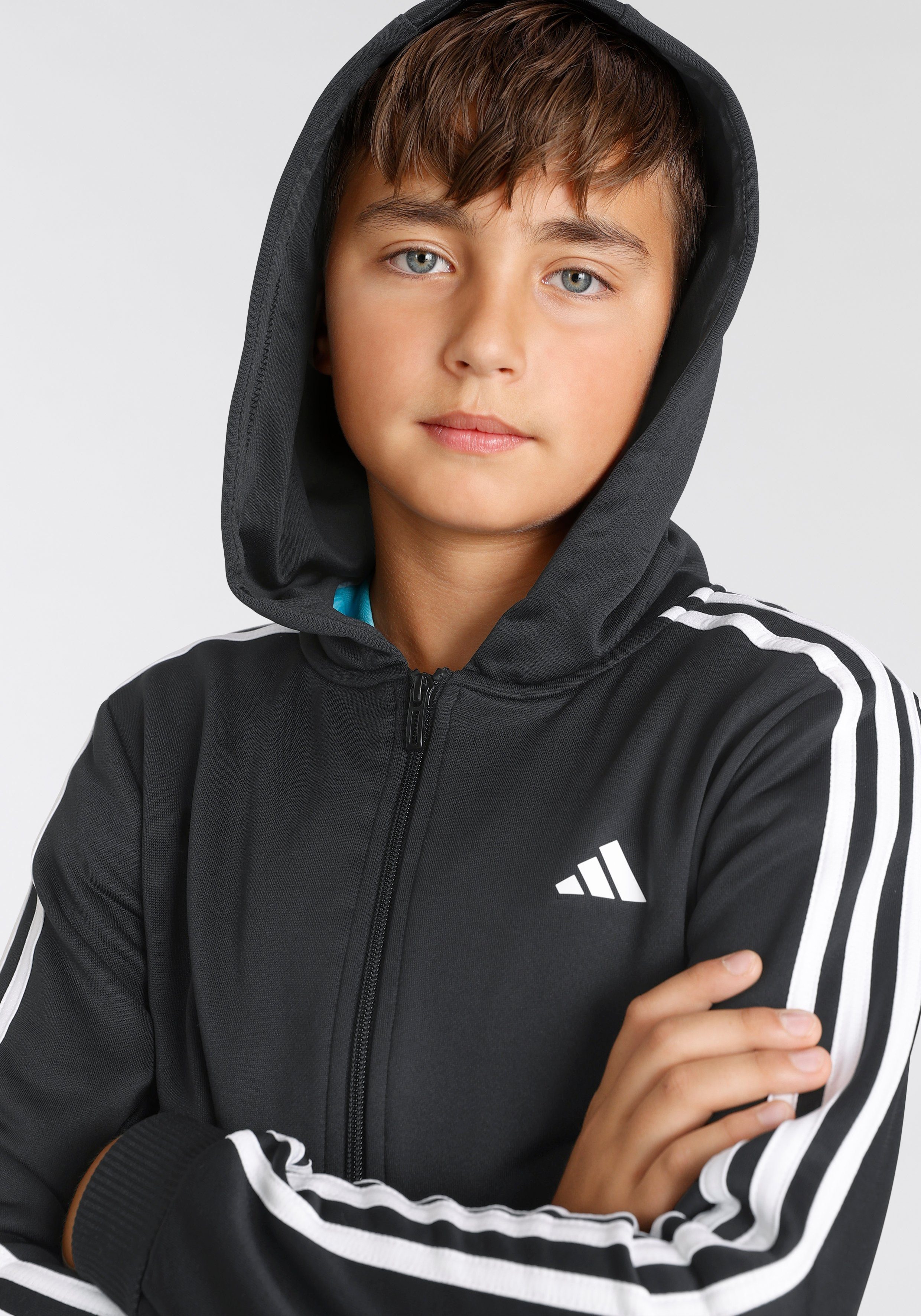 KAPUZENJACKE REGULARFIT Black ESSENTIALS Sportswear White TRAIN Trainingsjacke / adidas 3STREIFEN AEROREADY