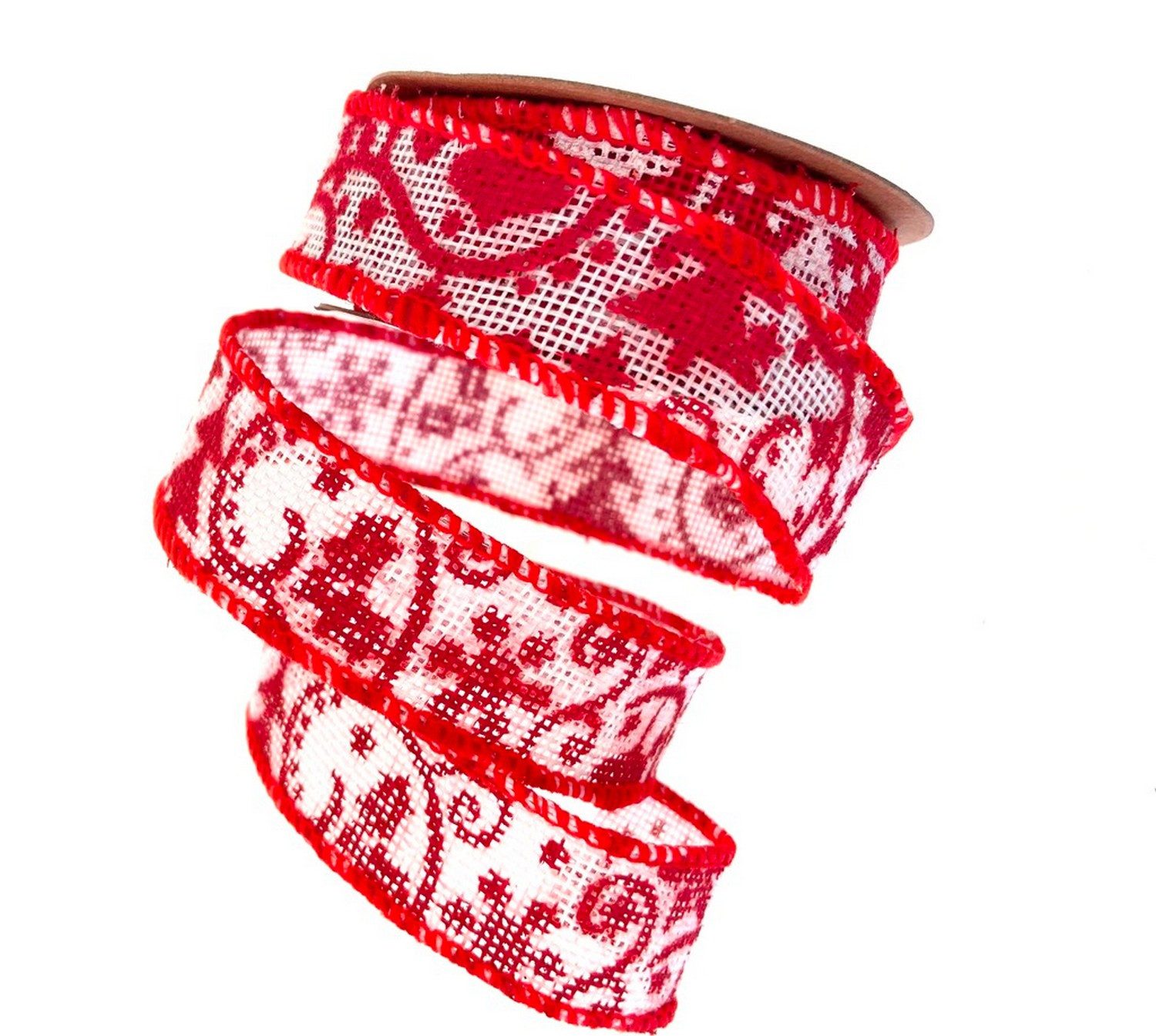 Deko AS Dekoband Weihnachtliches Leinenstrukturband "Stern & Ranke" - weiß-rot - 7710