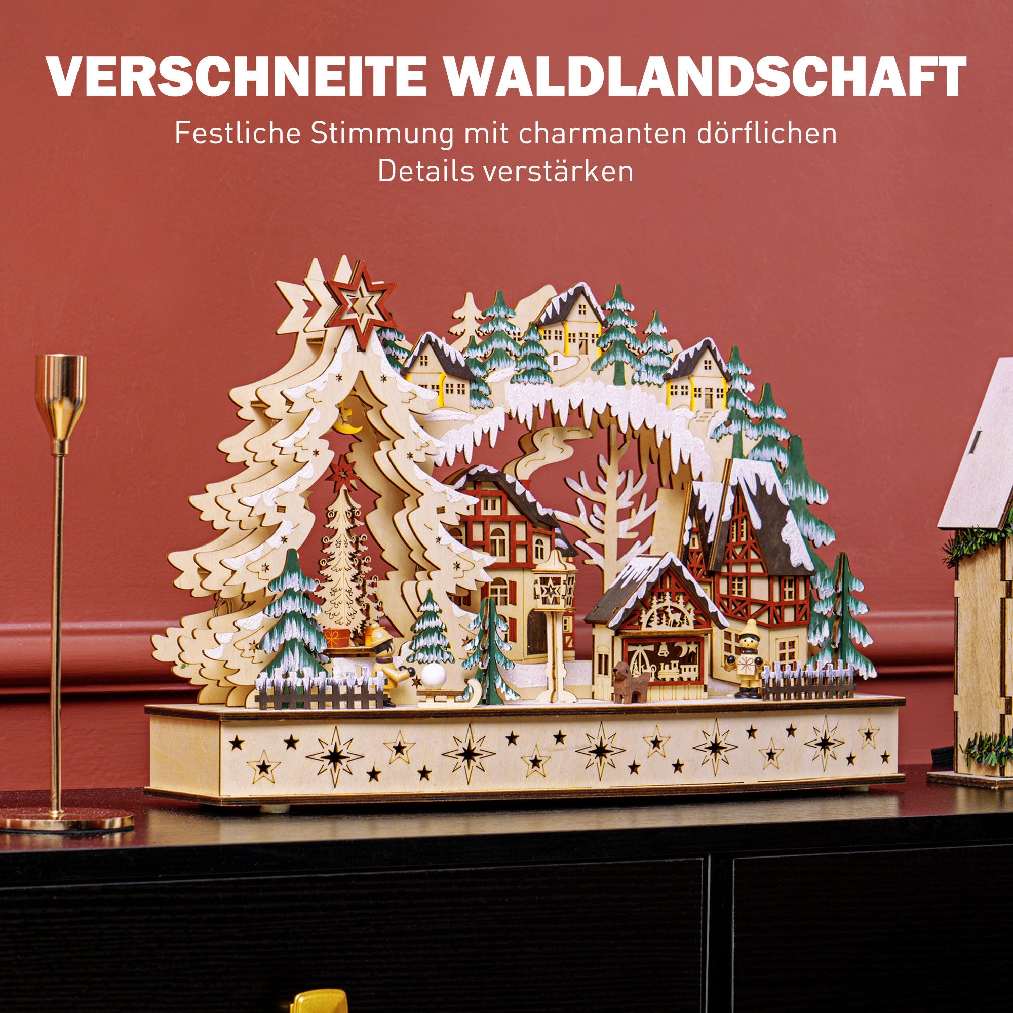 HOMCOM Weihnachtsdorf Beleuchtet Winterdorf mit Waldszene Kindern Innen Weihnachtsdeko, Tischdeko für Weihnachten, Natur – Bild 4 von 5