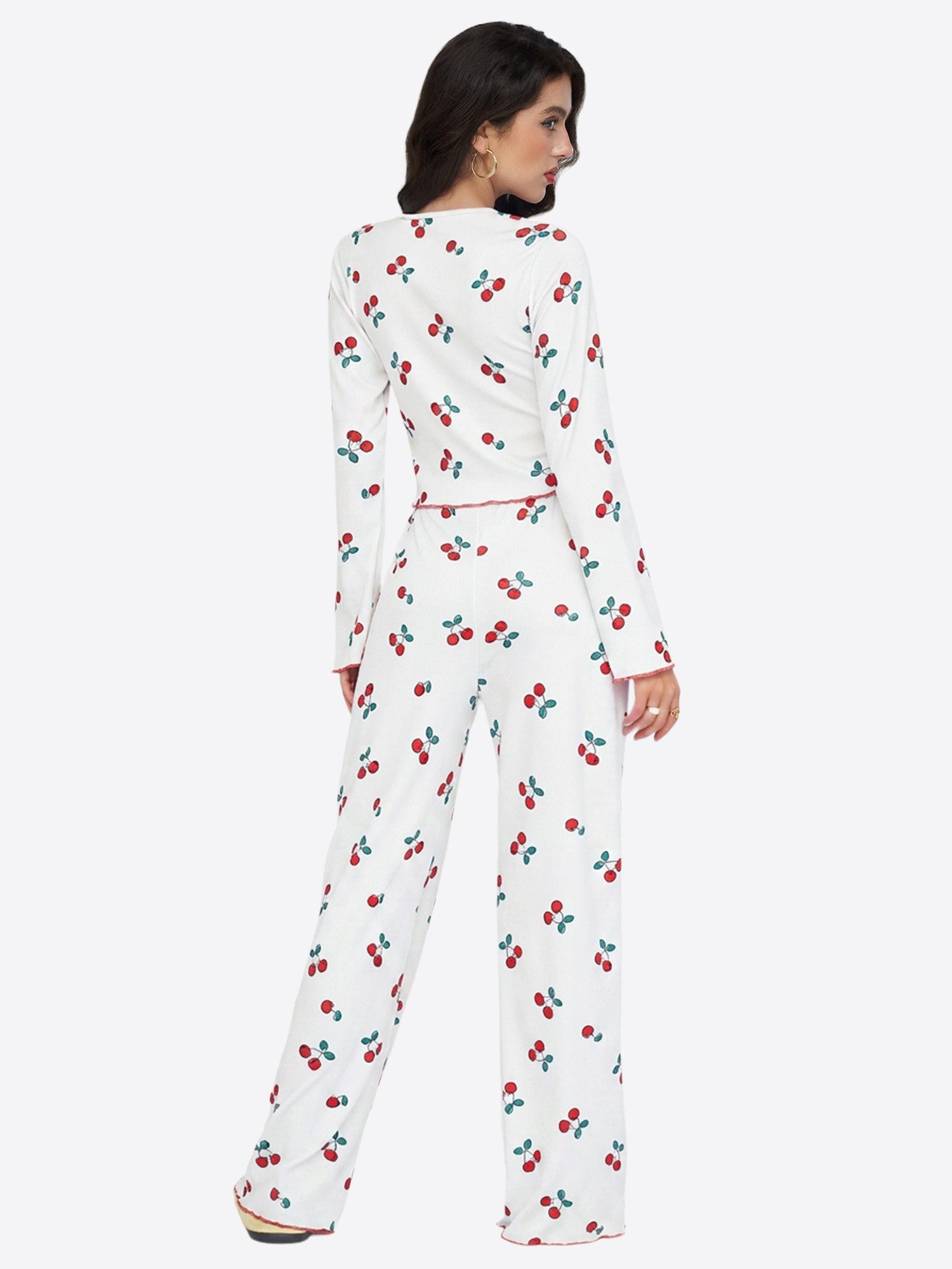 Imily Bela Hausanzug Damen Verspieltes Kirschmuster-Set (Set, 2 tlg., Kurzes Top mit Rundhalsausschnitt + Hochgeschnittene Weite Hose) mit Rundhalsausschnitt
