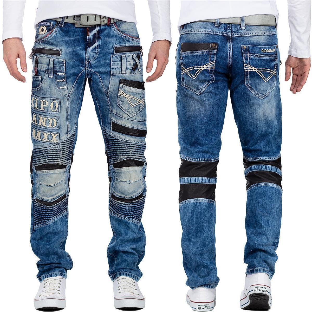 Cipo & Baxx Bikerjeans Herren straight fit Hose Stonewashed BA-CD637 mit Lederpatches und Nieten
