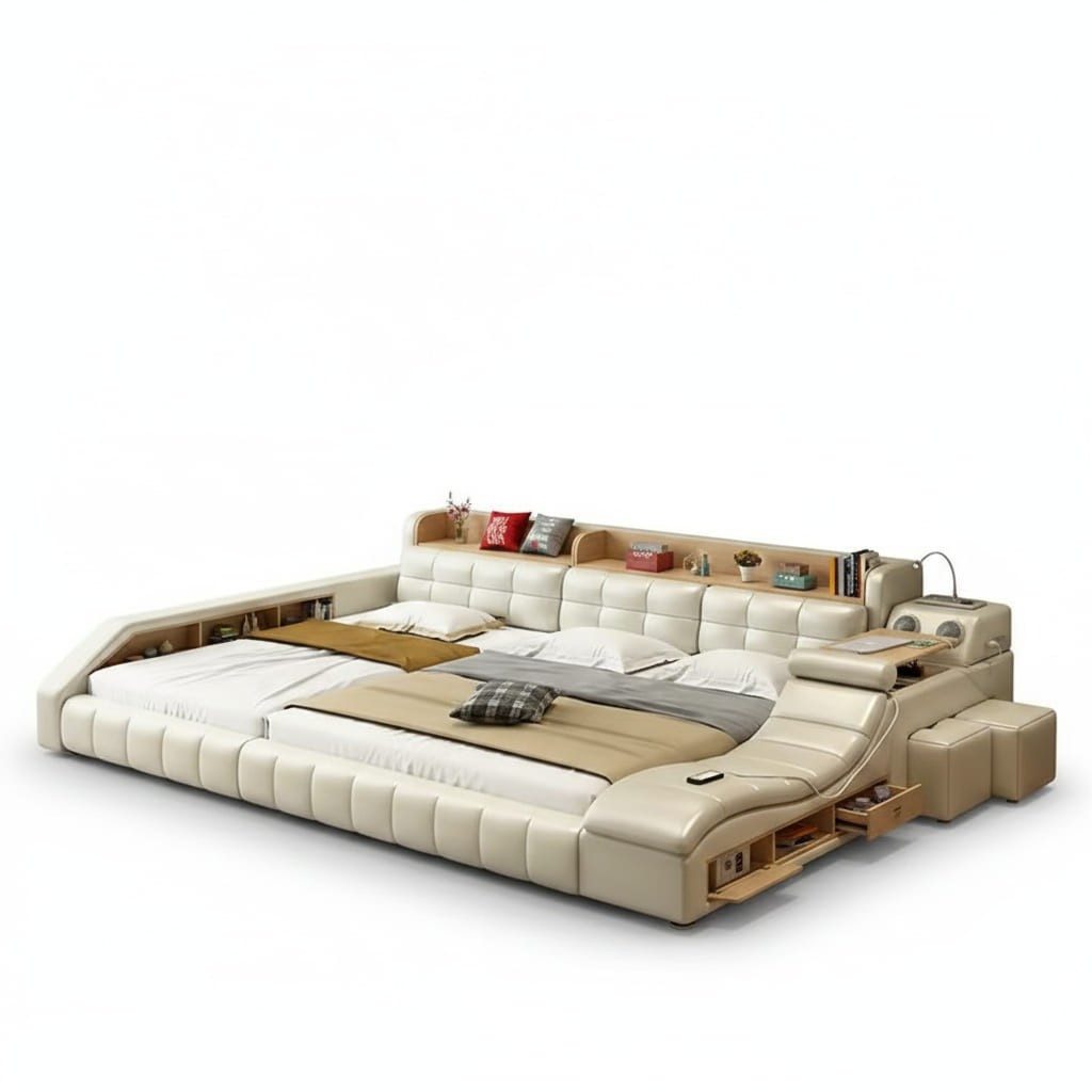 Xlmoebel Multimediabett Beigefarbenes Multifunktionsbett aus Holz im modernen Stil (Bett, 3-tlg., Multifunktionsbett), Made in Europa