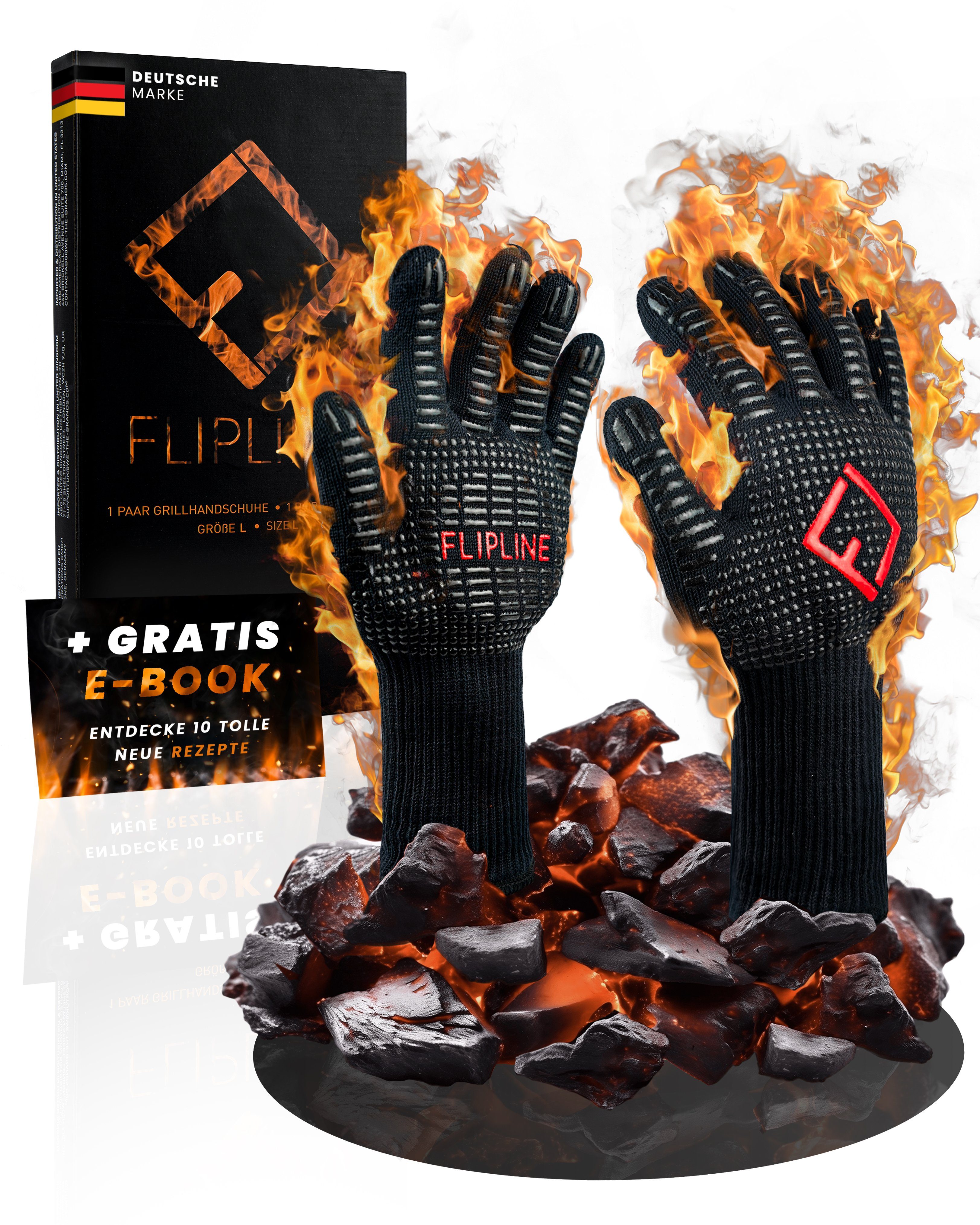 FLIPLINE® Grillhandschuhe Hitzebeständig - Premium feuerfeste Handschuhe, für Küche & Grill - BBQ Handschuhe inkl. Rezepte E-Book