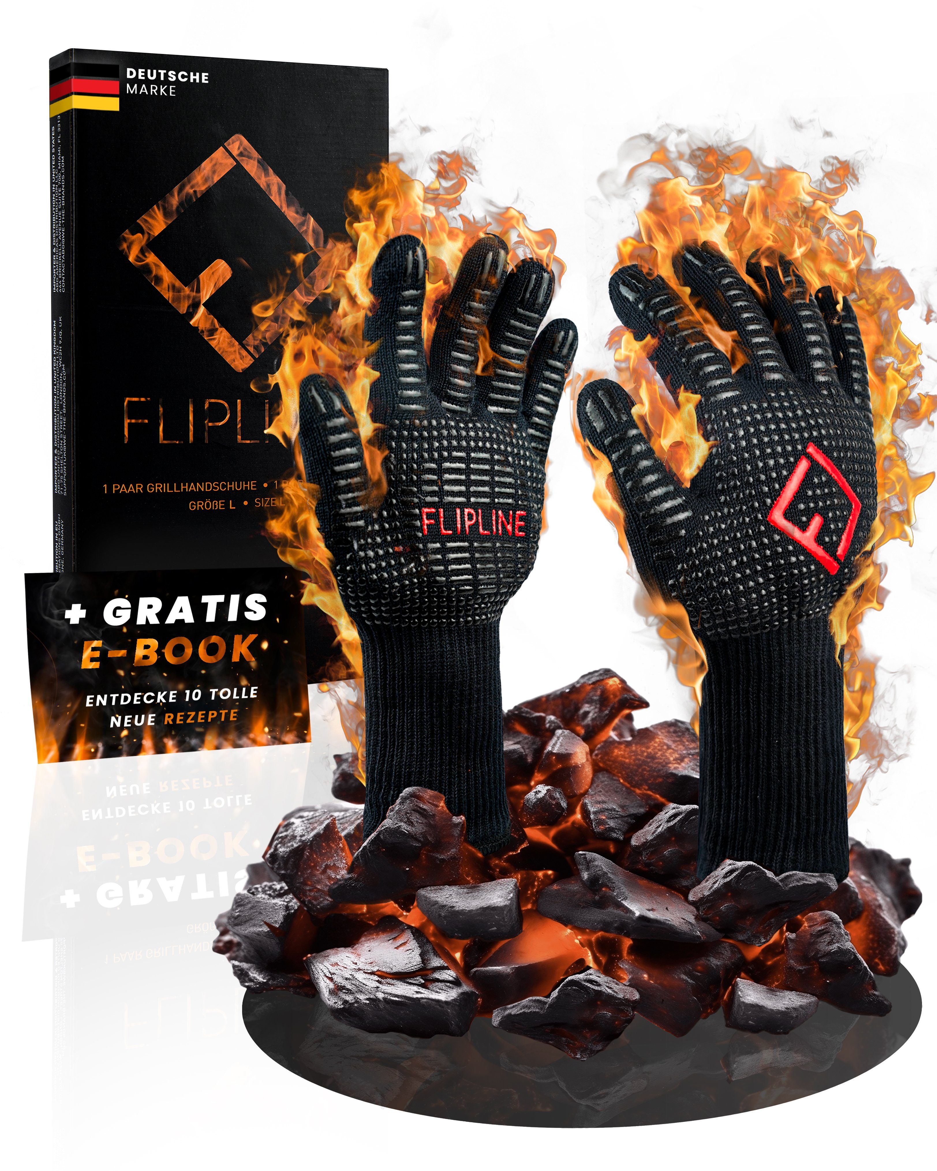 FLIPLINE® Grillhandschuhe Hitzebeständig - Premium feuerfeste Handschuhe,  für Küche & Grill - BBQ Handschuhe inkl. Rezepte E-Book | Grillhandschuhe