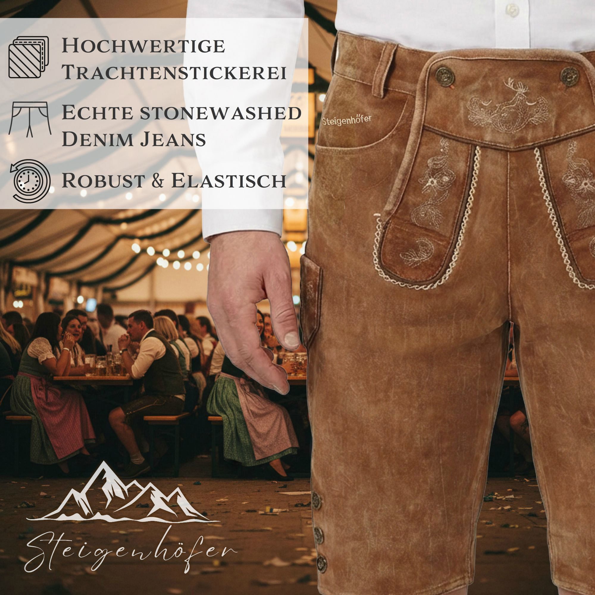 Steigenhöfer Manufaktur Trachtenjeans Herren im Lederhosen Look - Leonard - Stonewashed Stretch Denim Trachtenlatz mit Knopfleiste - Kurze Jeans - Oktoberfest Outfit