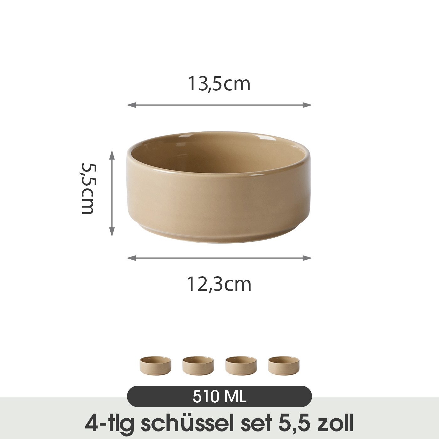 JIWOO Salatschüssel 4er Ø13,5cm, Müslischüssel Suppenschüssel Dessertschale Obstschale, Keramik, (Schüsselset, 4-tlg), Bowl Hochwertige Schüsseln Braun Schüssel Mikrowellenofen Spülmaschine