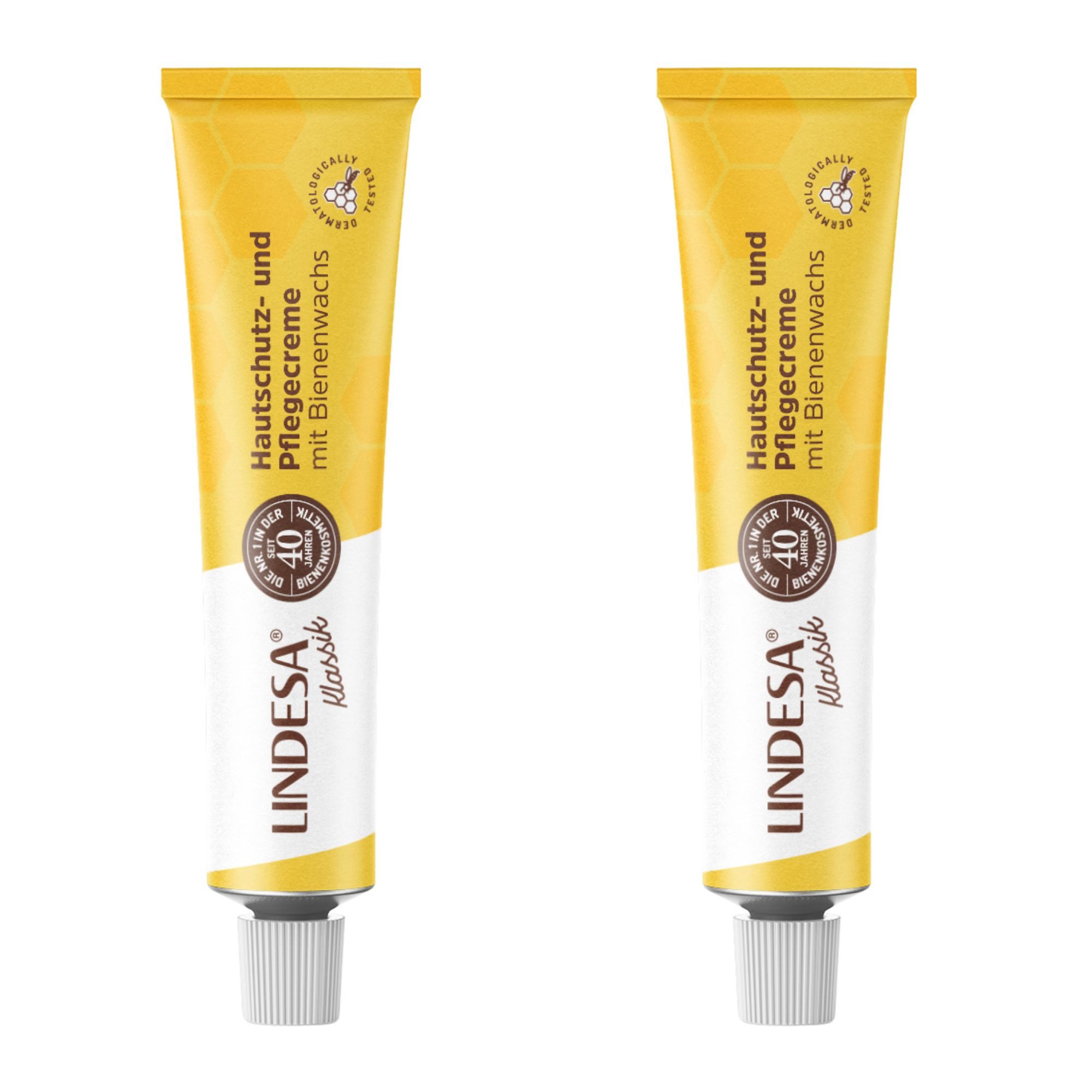 Lindesa Handcreme K Klassik Hautschutzpflegecreme mit Bienenwachs Handcreme 50 ml, 2-tlg., gelbe Alu-Tube