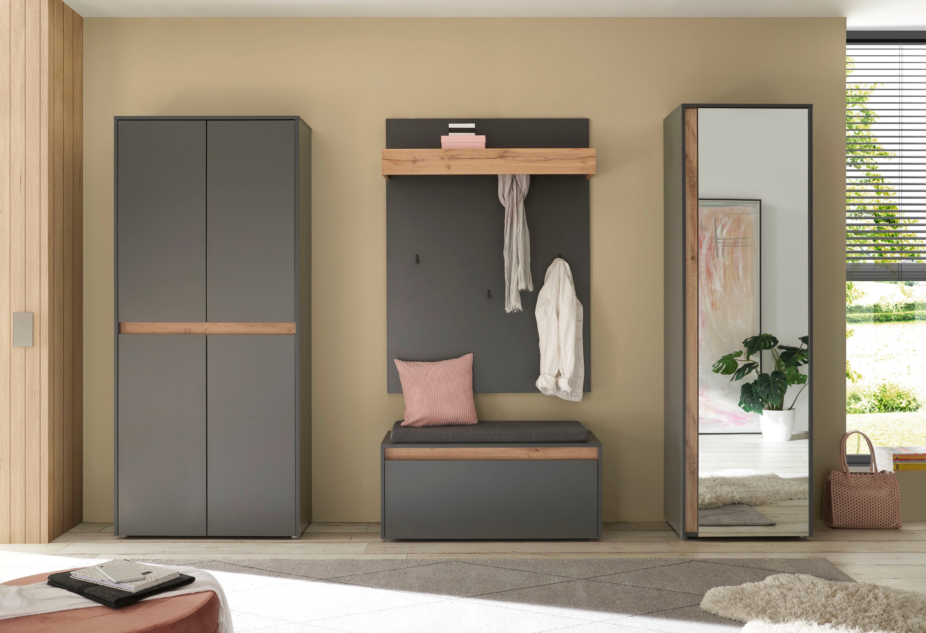 Home affaire Garderoben-Set City/Giron, moderne Garderobe, viel Stauraum, ca. 40 Schuhe, (Set, 4-St), enthält Schrank mit Spiegel, Schuhschrank, Paneel &Bank in – Bild 5 von 5