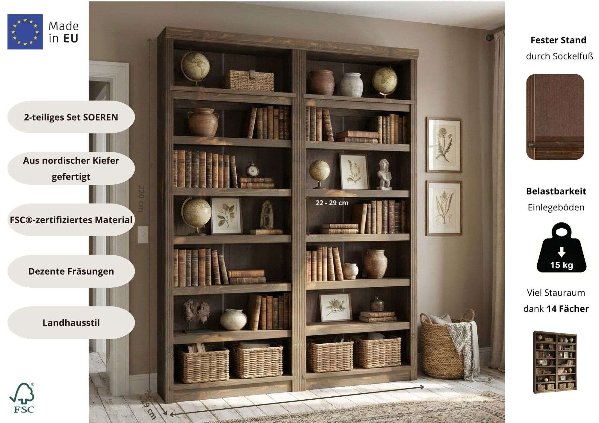 OTTO home Bibliothek Soeren 2 Regale á Breite 80 cm, Höhe 220 cm, Tiefe 29 cm, Set 2-tlg., 2 Bücherregale - zusammen oder getrennt stellbar