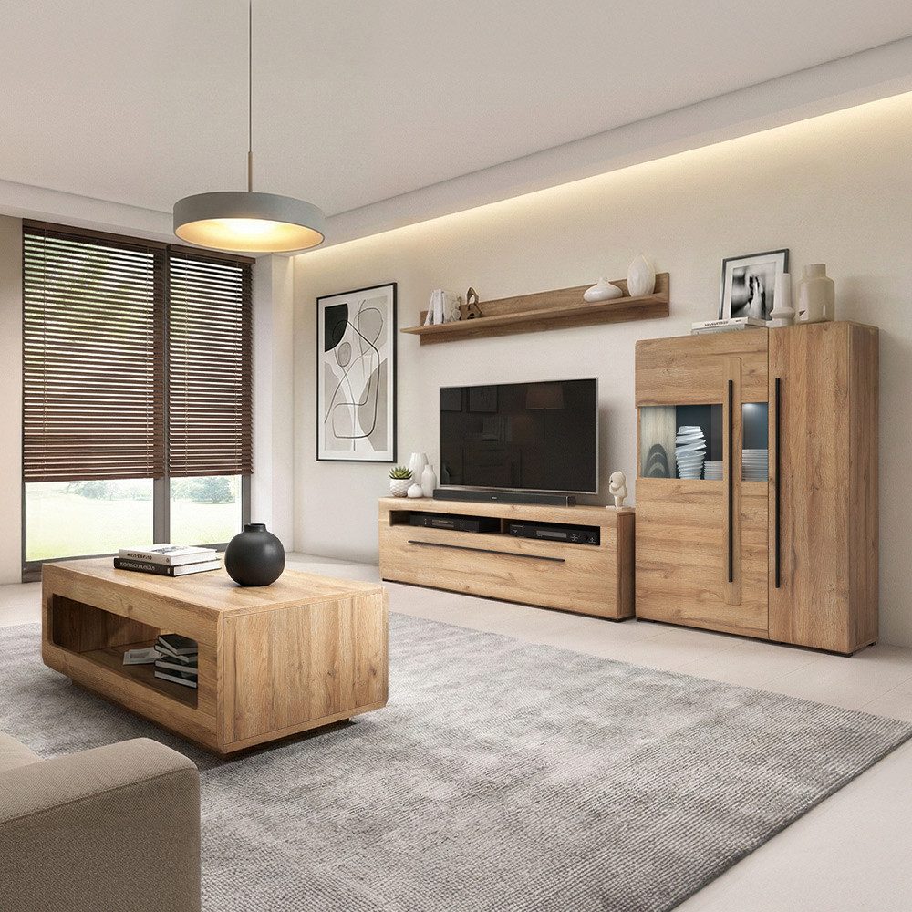 Lomadox Wohnzimmer-Set TURDA-83, (Mega-Spar-Set, 4-St., Couchtisch Highboard Lowboard Sideboard Vitrine Wandregal), Eiche braun Metallgriffe modern inkl. LED Beleuchtung