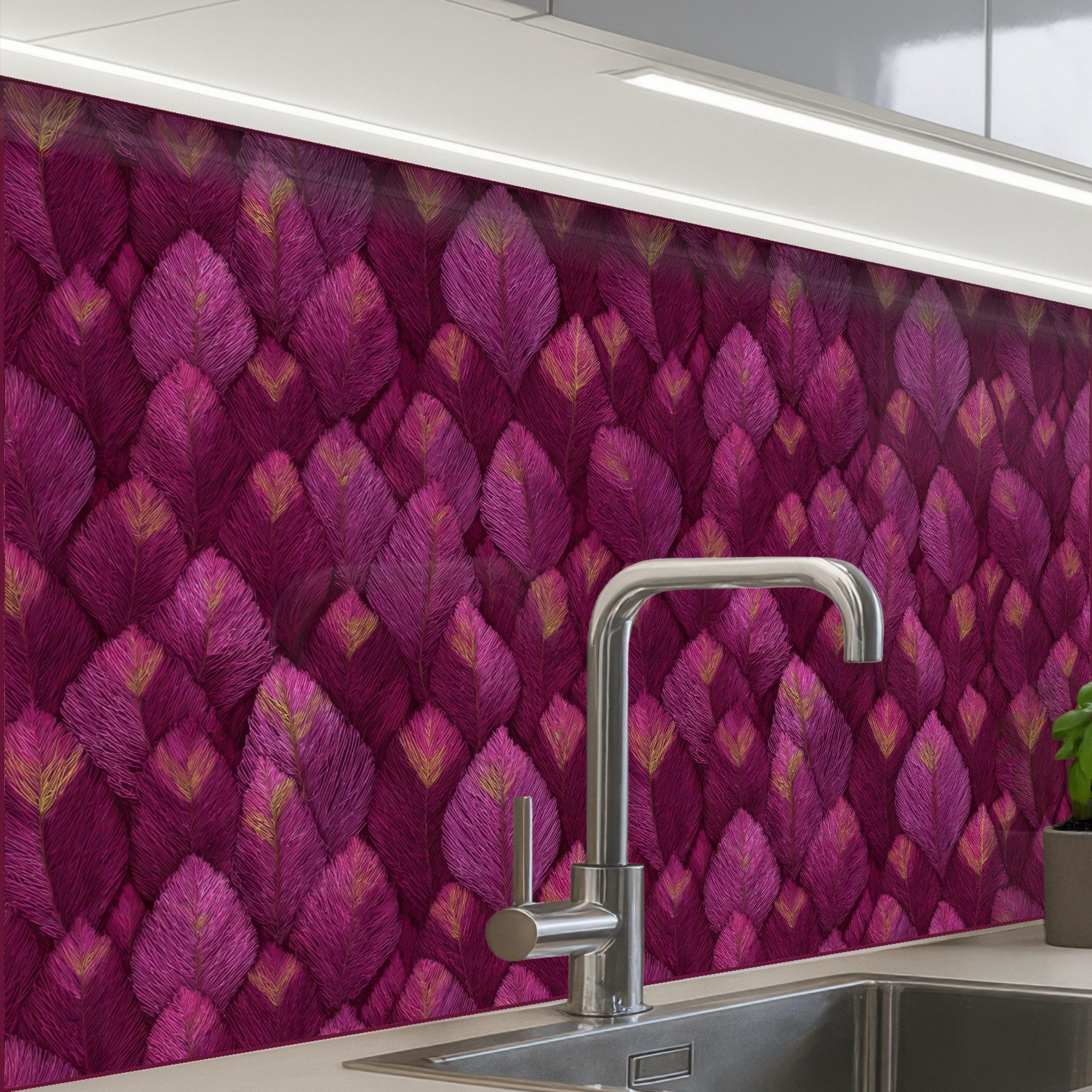 KitchenYeah Küchenrückwand Muster selbstklebend (keine Folie) Blätter - Muster - Burgunderrot, (1-tlg), Spritzschutz, Küche, Rückwand, Küchenwand, Küchenfront, 30x20 cm
