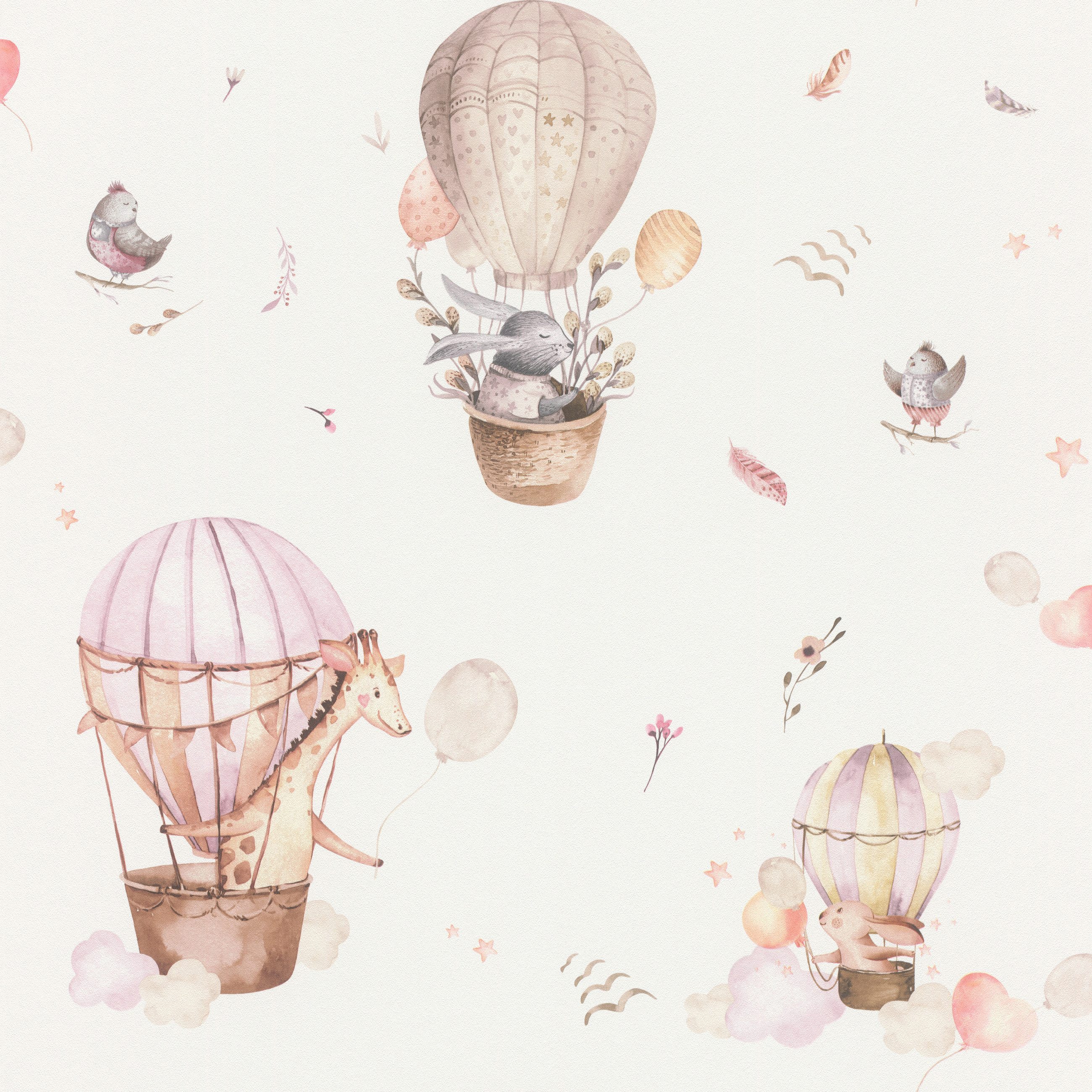 Rasch Vliestapete Heißluftballons Beige Braun Rosa, Naturoptik, (1 Rolle, 1 St., Kollektion 'Kids World II' - 10,05 m x 0,53 m), gute Lichtbeständigkeit, feucht abwischbar, restlos abziehbar