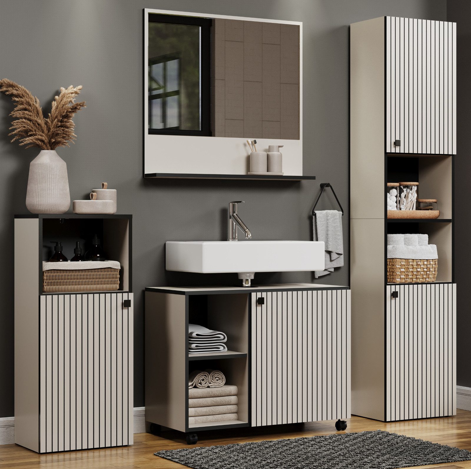 Furn.Design Badmöbel-Set Calmed, (Badezimmer in Cashmere grau, Staboptik, 4-St., ca. 160 x 186 cm), 13 Fächer