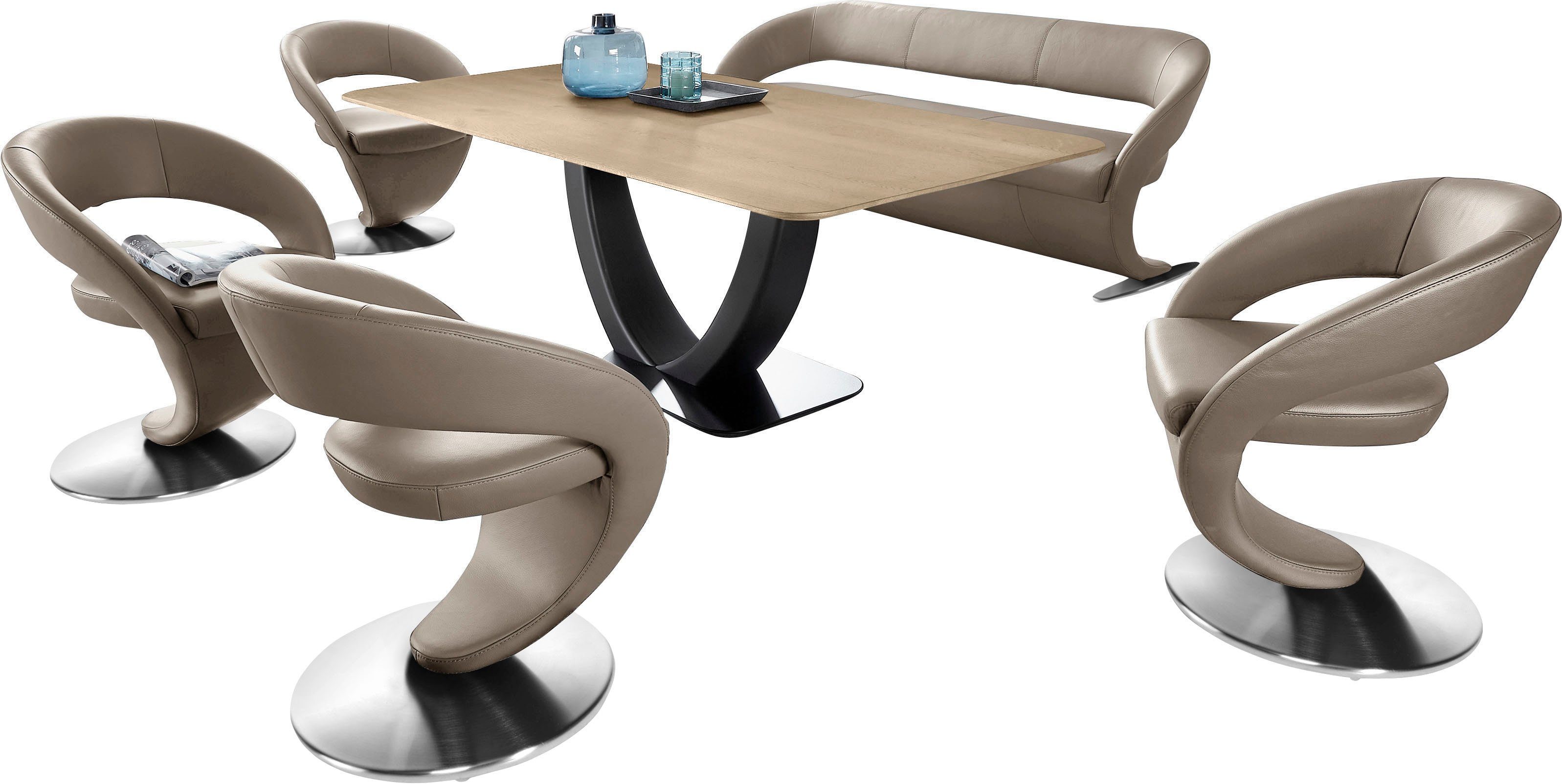 K+W Komfort & Wohnen Essgruppe Design-Drehstühlen in Design-Solobank 180x90cm Tisch und Wave, (Set), 4 mit