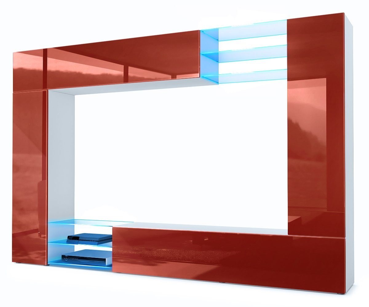 Vladon Wohnwand Mirage, (Anbauwand mit Rückwand mit 2 Türen, 4-St., 2 Klappen und 6 offenen Glasablagen), Weiß matt/Bordeaux Hochglanz, inkl. LED-Beleuchtung (262x183x39 cm)