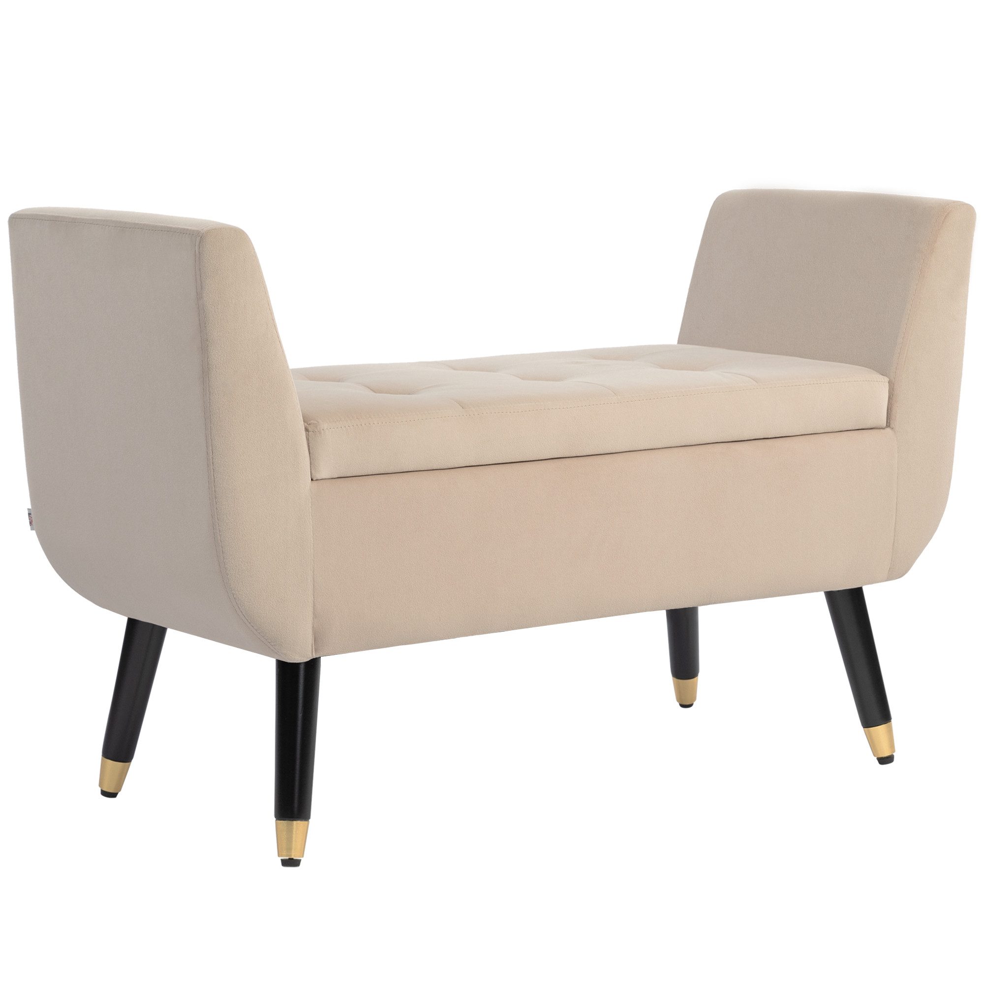 HOMCOM Sitzbank mit Stauraum Armlehnen, Samtartiges Polyester (Truhenbank, 1-St., Polsterbank), Gummiholz Beige 107 x 42 x 65 cm