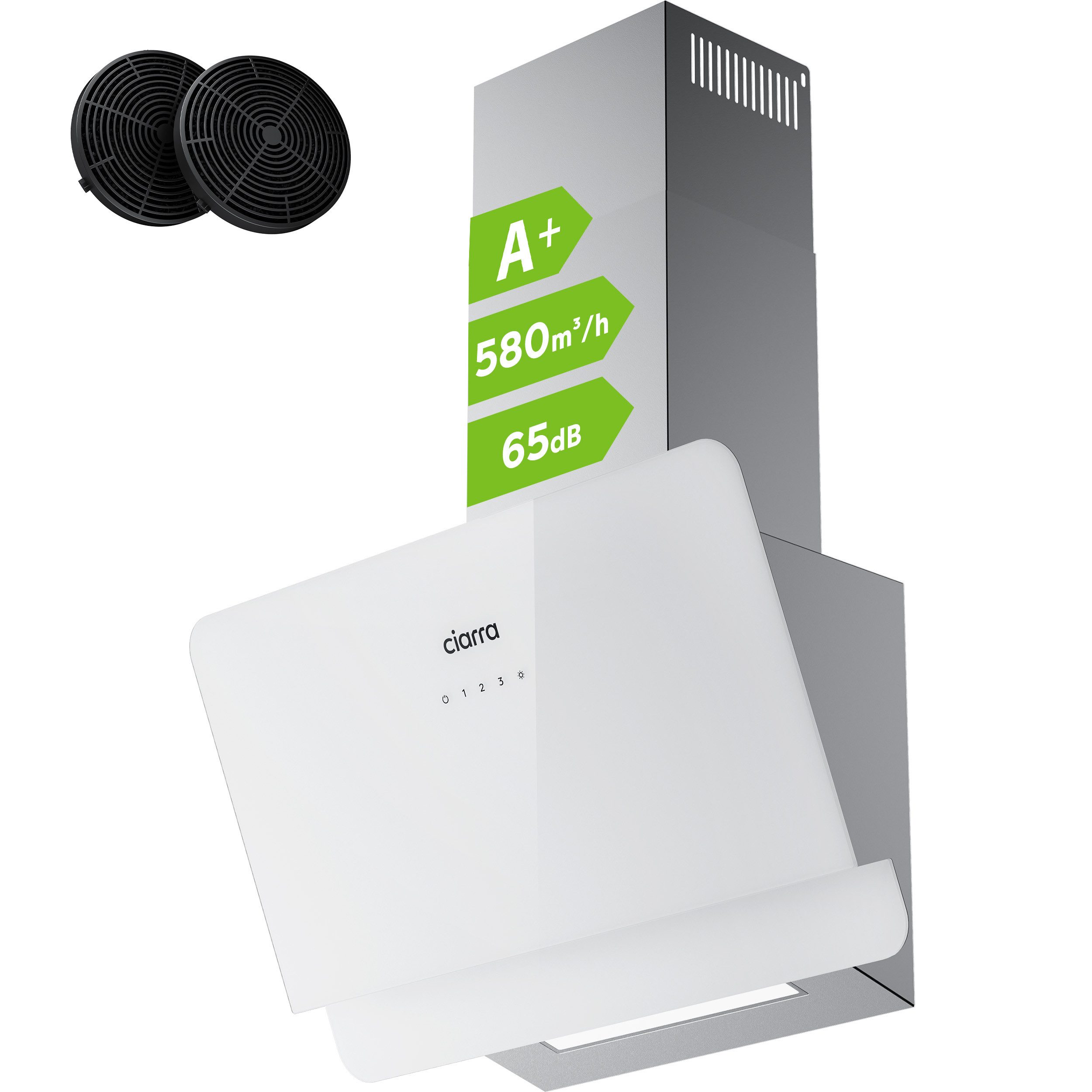 CIARRA Kopffreihaube 60 cm A+ 580 m³/h Schräghaube leise Umluft & Abluft 3 Stufen VM6765CS 60 cm A+ 580 m³/h Schräghaube leise Umluft & Abluft 3 Stufen VM6765CS, Kopffrei Dunstabzugshaube aus Edelstahl mit 2*Kohlefilter SensorTouch