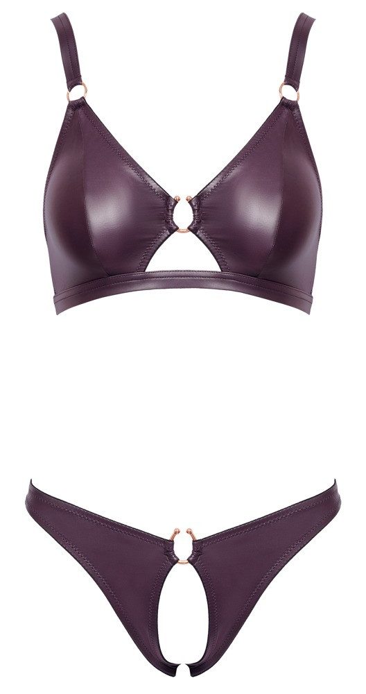 Cottelli Collection Set: Bügel-BH Wetlook Dessous-Set: BH und ouvert String - lila (2-tlg) offener Schritt und Cups