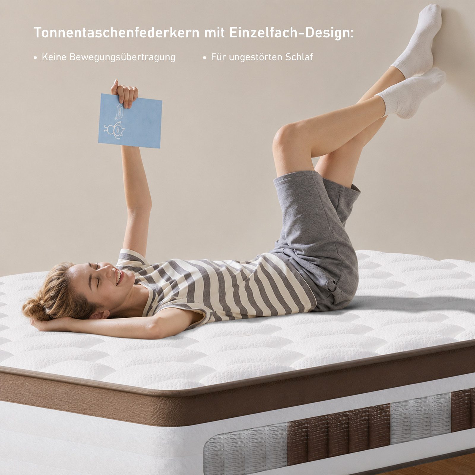 Taschenfederkernmatratze 25 cm Matratze H3-Mittelfest, 7 Zonen Ergonomische Federkernmatratze, Luvanza, 25 cm hoch, Oeko-TEX, Kaffee-Braune Einfassung, Antibakt – Bild 5 von 5