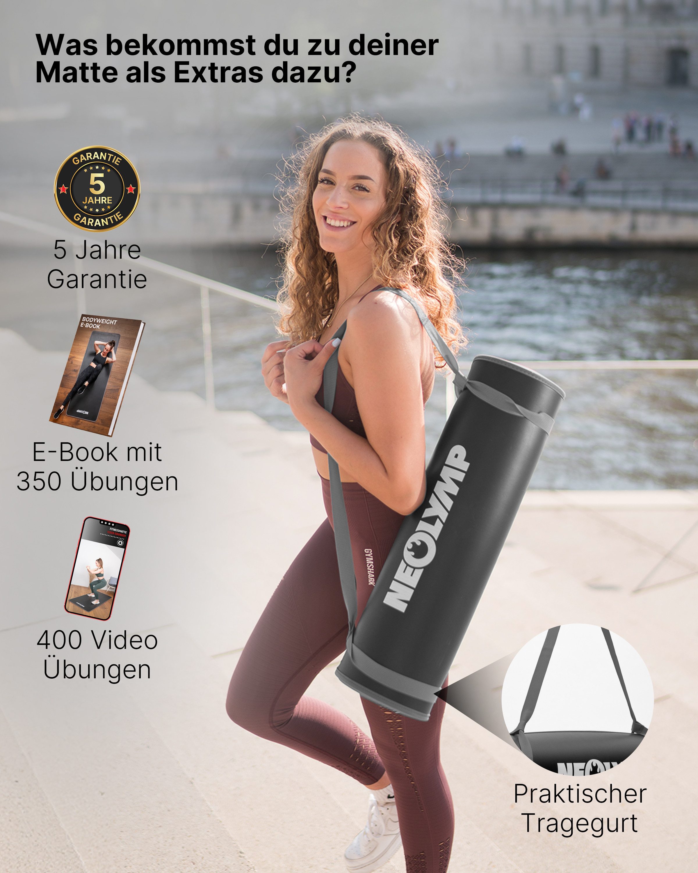 NEOLYMP Fitnessmatte (Yogamatte mit Tragegurt inklusive Trainingsbuch mit Übungseinheiten)