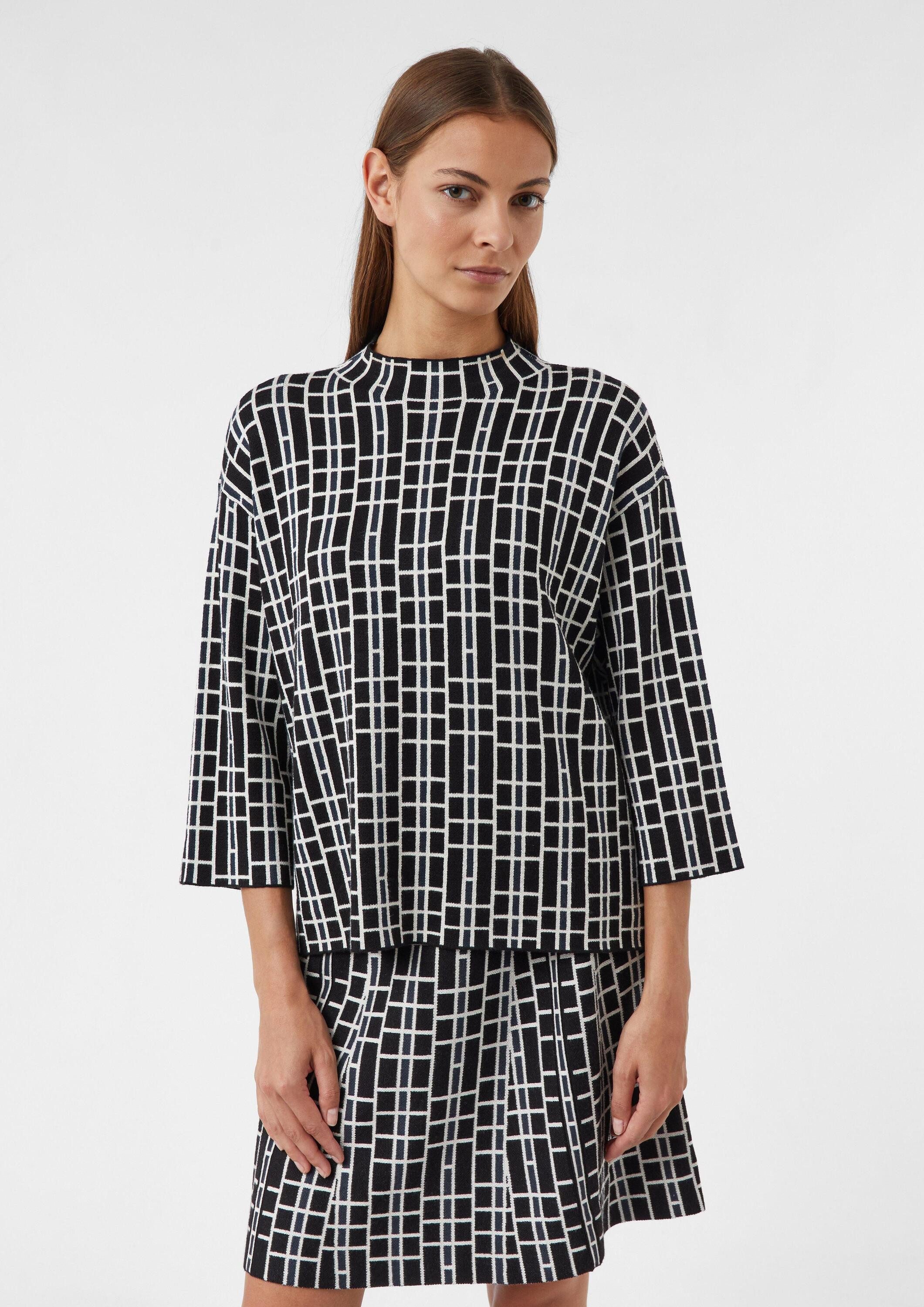 comma Kurzarmpullover Strickpullover Grafischer Jacquard-Strickpullover