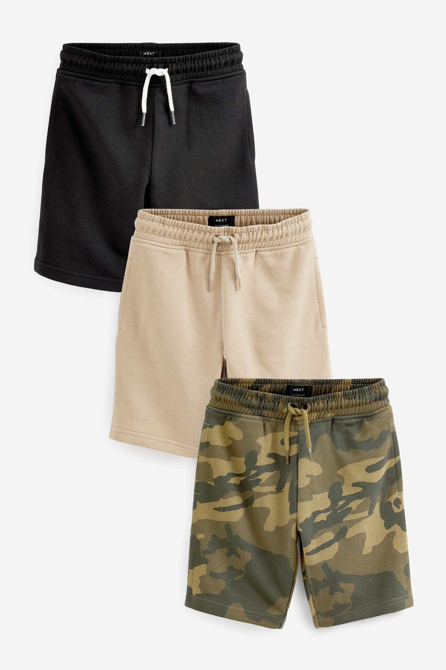 Jersey-Shorts, Next Sweatshorts Black/Stone/Camo (3-tlg) 3er-Pack