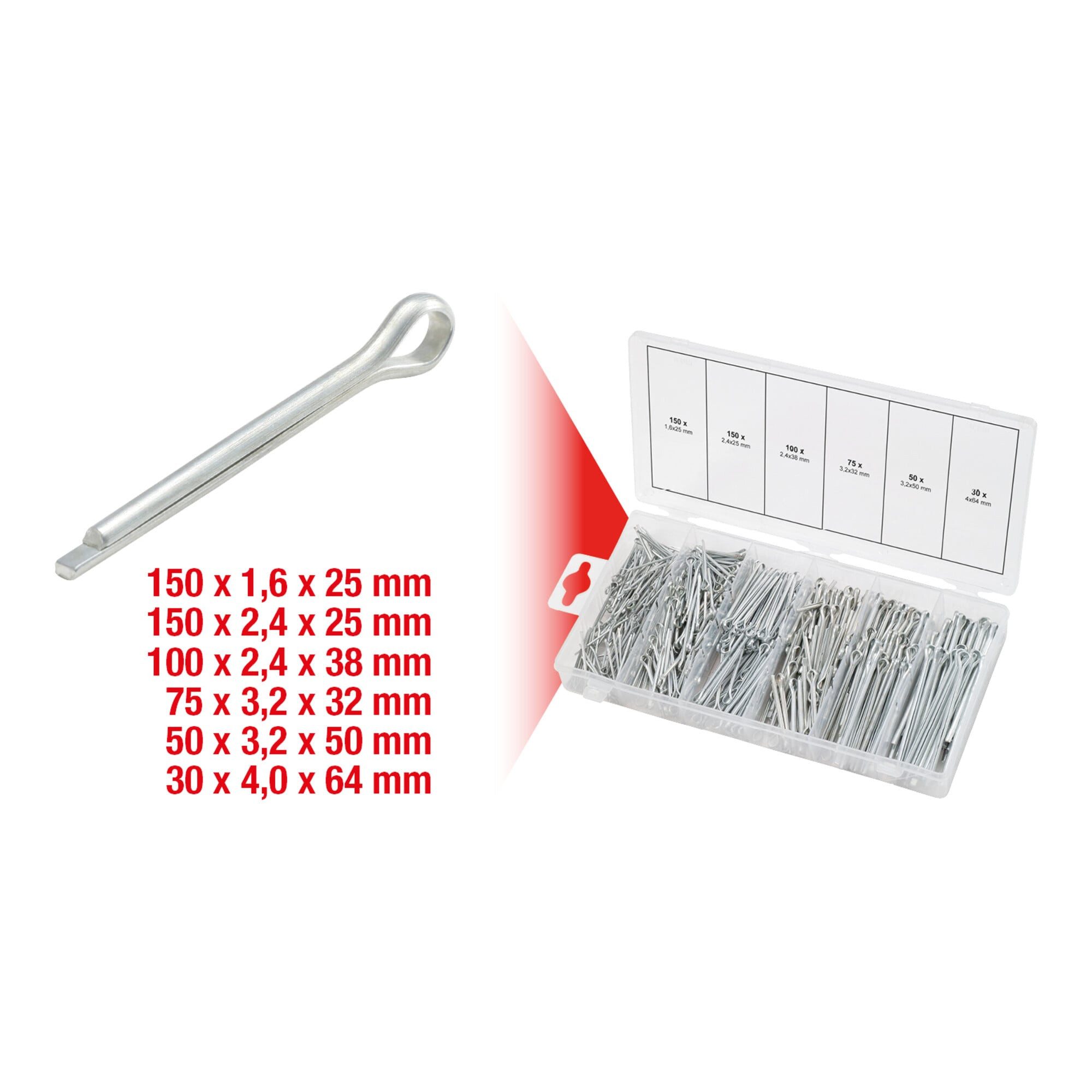 KS Tools Ringsplint KS Tools Sortiment Splinte, 1,6x25,4mm-4,0x63,5mm, 555-teilig