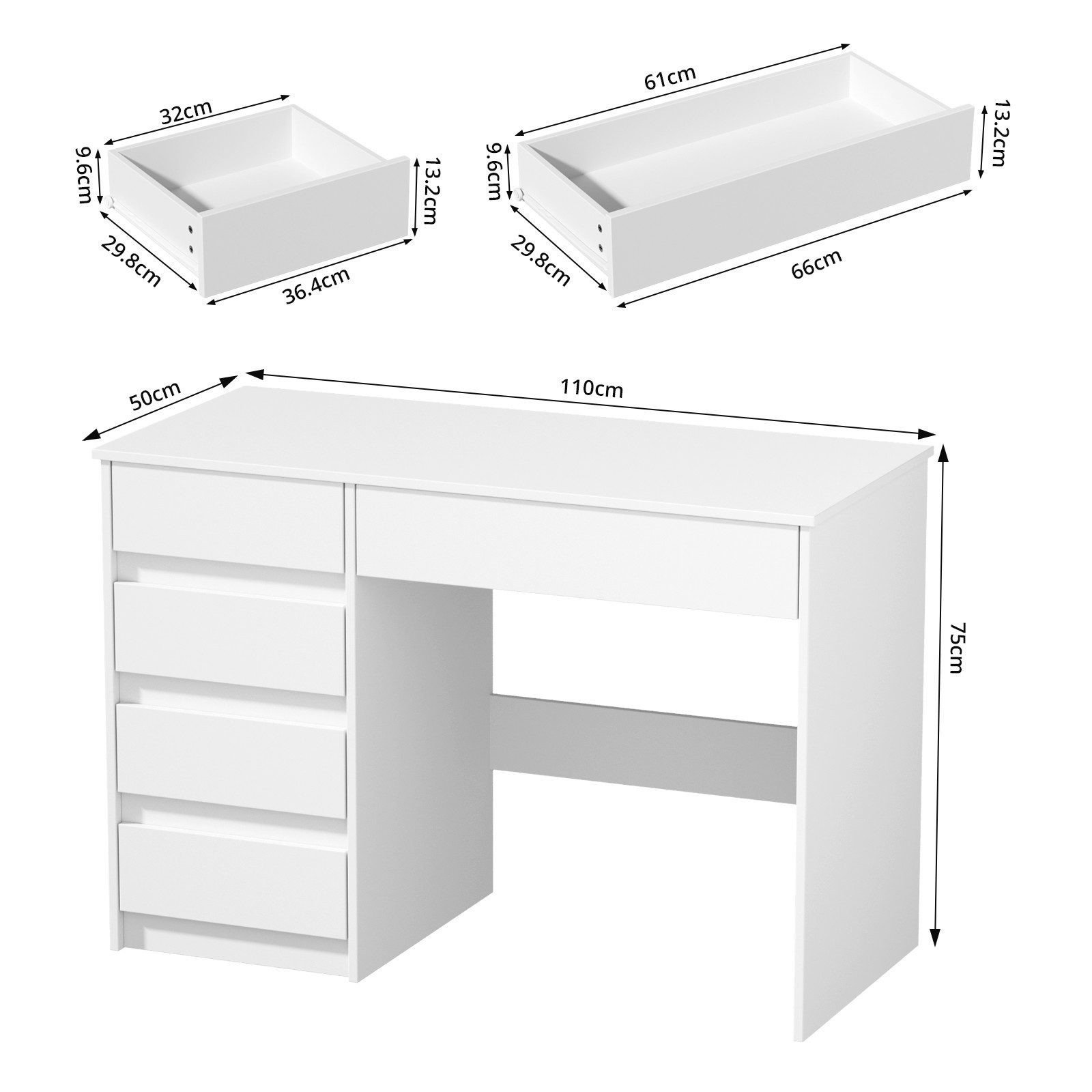 VOWNER Schreibtisch mit 5 Schubladen, modernes einfaches Studier- und PC-Tisch (1-St), Für kleines Raum & Heimbüro – Abmessungen: 110x50x75 cm