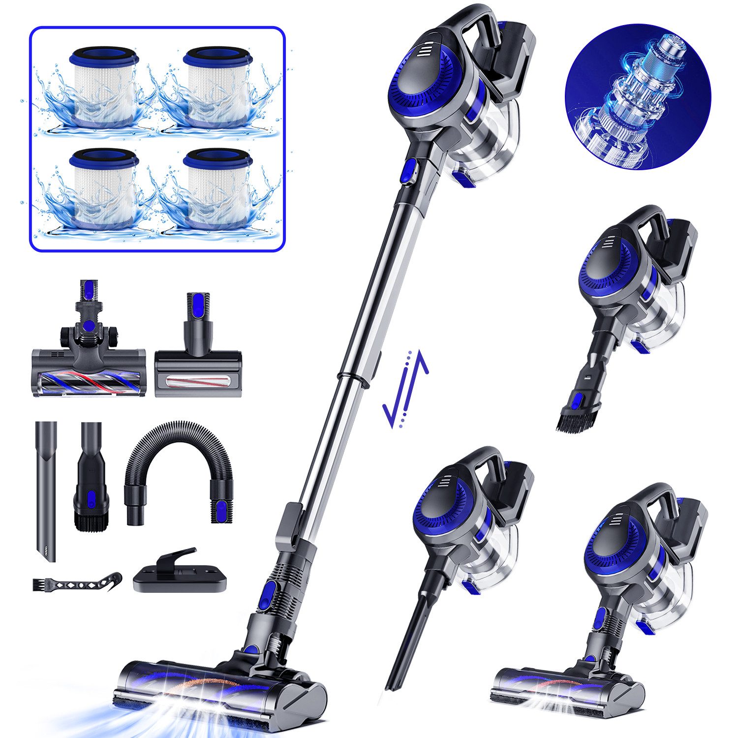 Homimaster Akku-Hand-und Stielstaubsauger Akku Staubsauger 60000Pa Kabelloser Staubsauger Saugkraft, 50 Min, 2500mAh*8 Akku, HEPA*4, 1,6L Staubbehälter, Ideal für Teppiche & Hartböden, LED-Beleuchtung und Abnehmbarer Staubbehälter