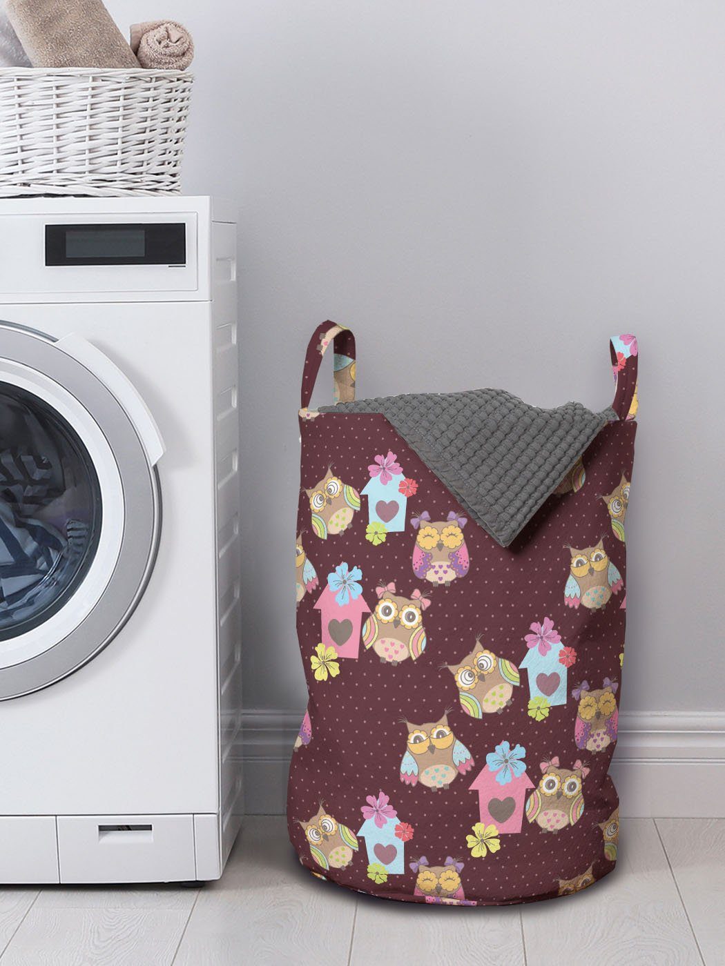 Wäschesäckchen Waschsalons, und für mit Abakuhaus Eulen Wäschekorb Punkte Kordelzugverschluss Vögel Griffen Häuser auf