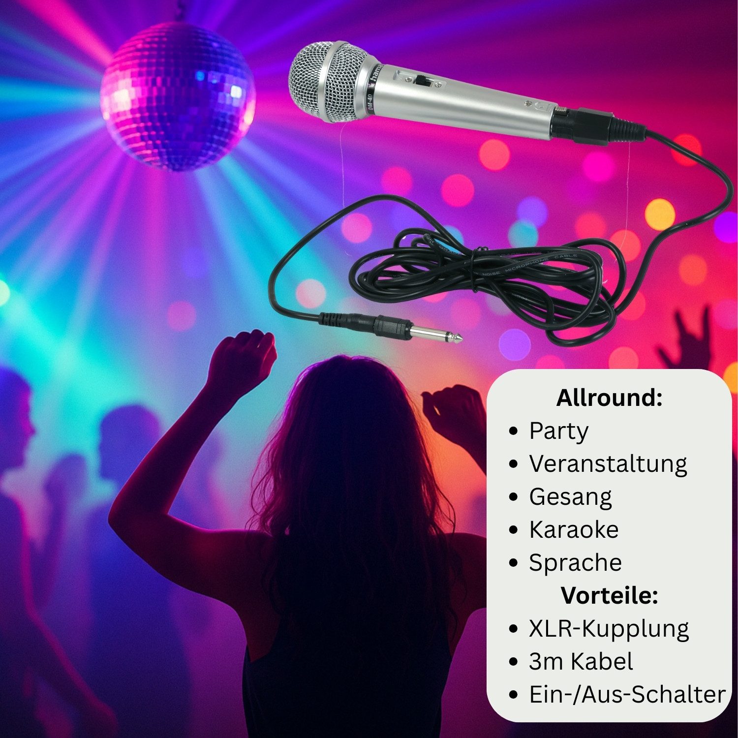 Hama Mikrofon Dynamisches Mikrofon DM-40 kabelgebunden Silber (Set), 3m Kabel Party Veranstaltung DJ Mix Karaoke XLR 3,5mm 6,35mm Stecker – Bild 2 von 5