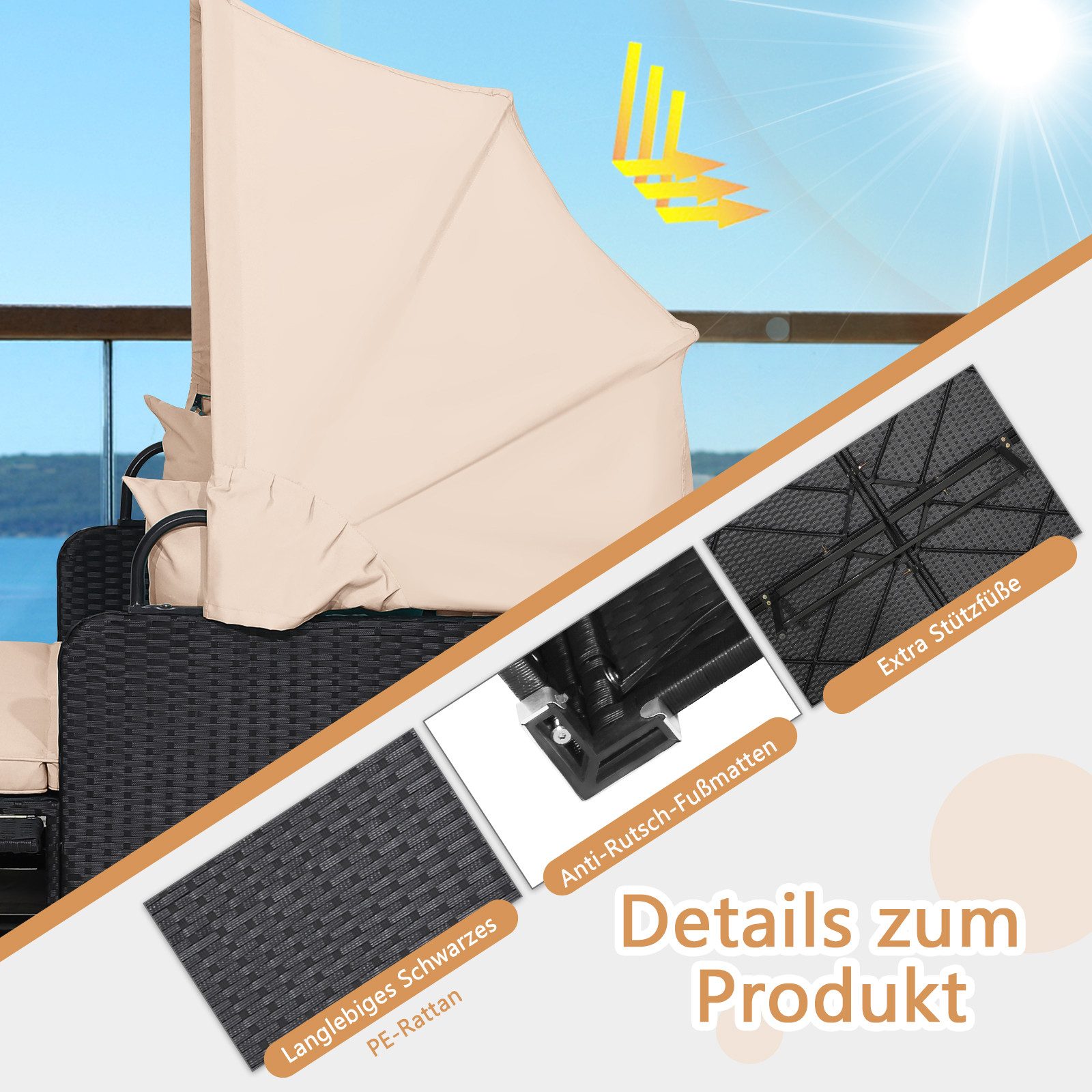 COSTWAY Loungebett, Rattan, 2-Personen, mit einziehbarem Sonnendach, Kissen