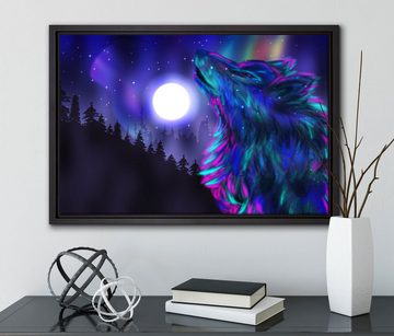 Pixxprint Leinwandbild Abstrakter Wolf mit Mond, Wanddekoration (1 St), Leinwandbild fertig bespannt, in einem Schattenfugen-Bilderrahmen gefasst, inkl. Zackenaufhänger