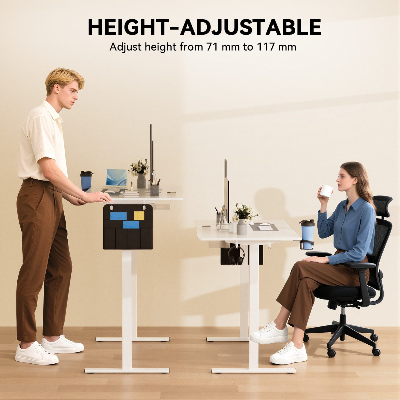 Earthyhome Schreibtisch Elektrisch höhenverstellbar mit 3-Funktions-Memory, mit Kabelmanagement und Haken, Intelligenter Kollisionsschutz