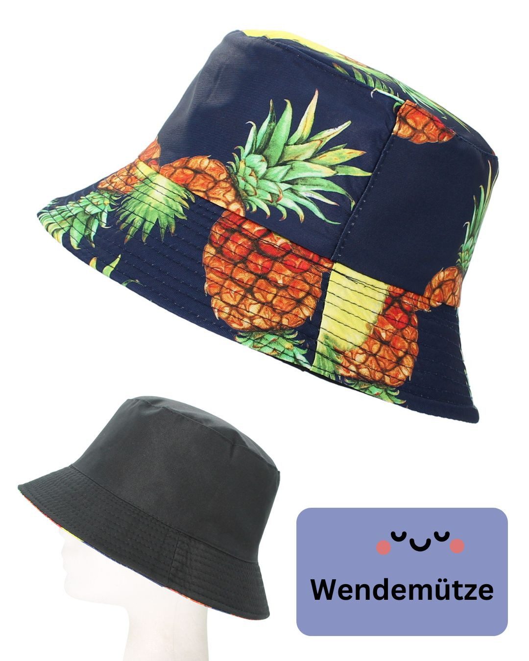 dy_mode Fischerhut Wendemütze mit Ananas-Print – 2-in-1 Bucket Hat für Damen & Herren beidseitig tragbar