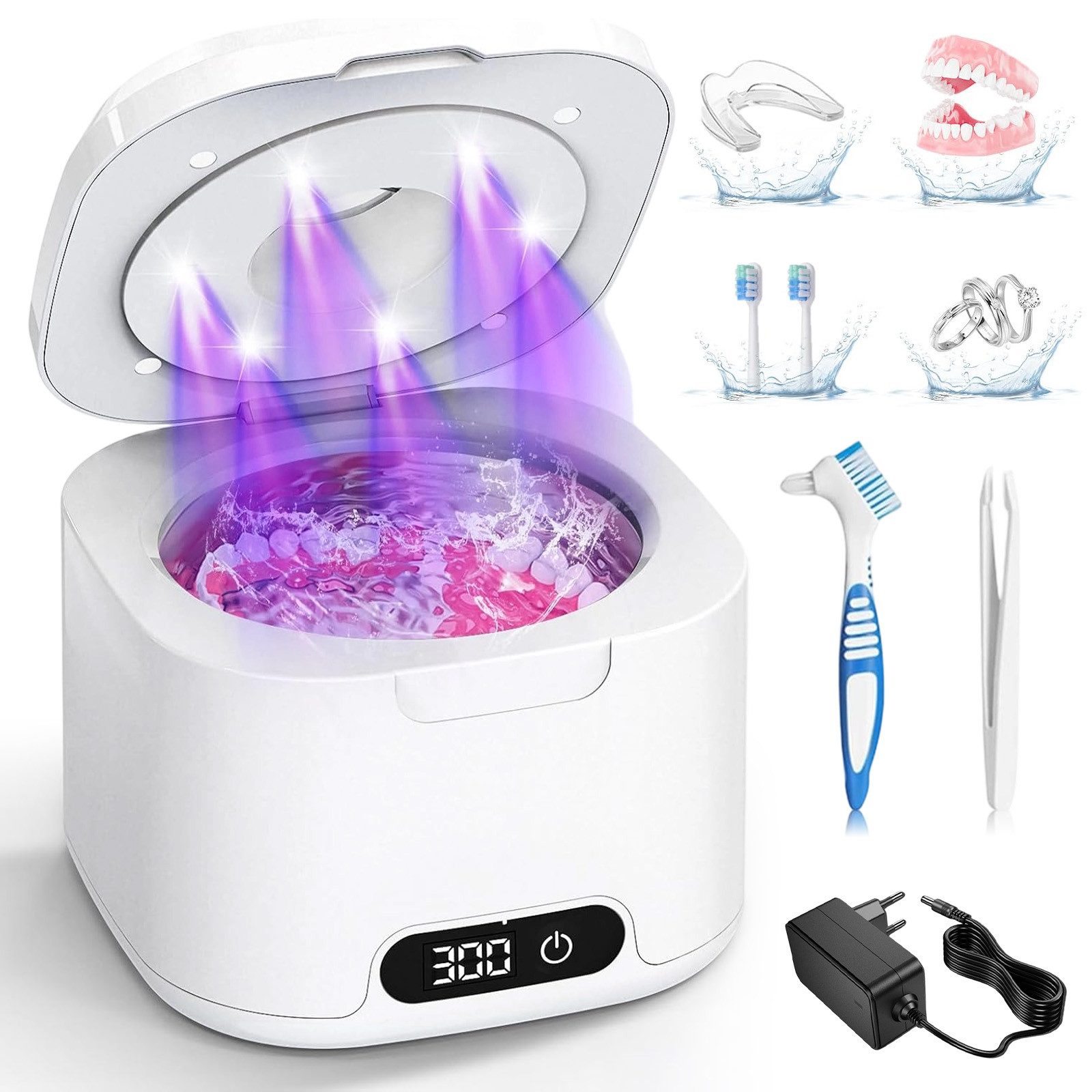 AKKEE Ultraschallreiniger Ultraschallreinigungsgerät 50000Hz mit 6 UV-Licht & 4 Modes, 340ML Ultraschallreiniger
