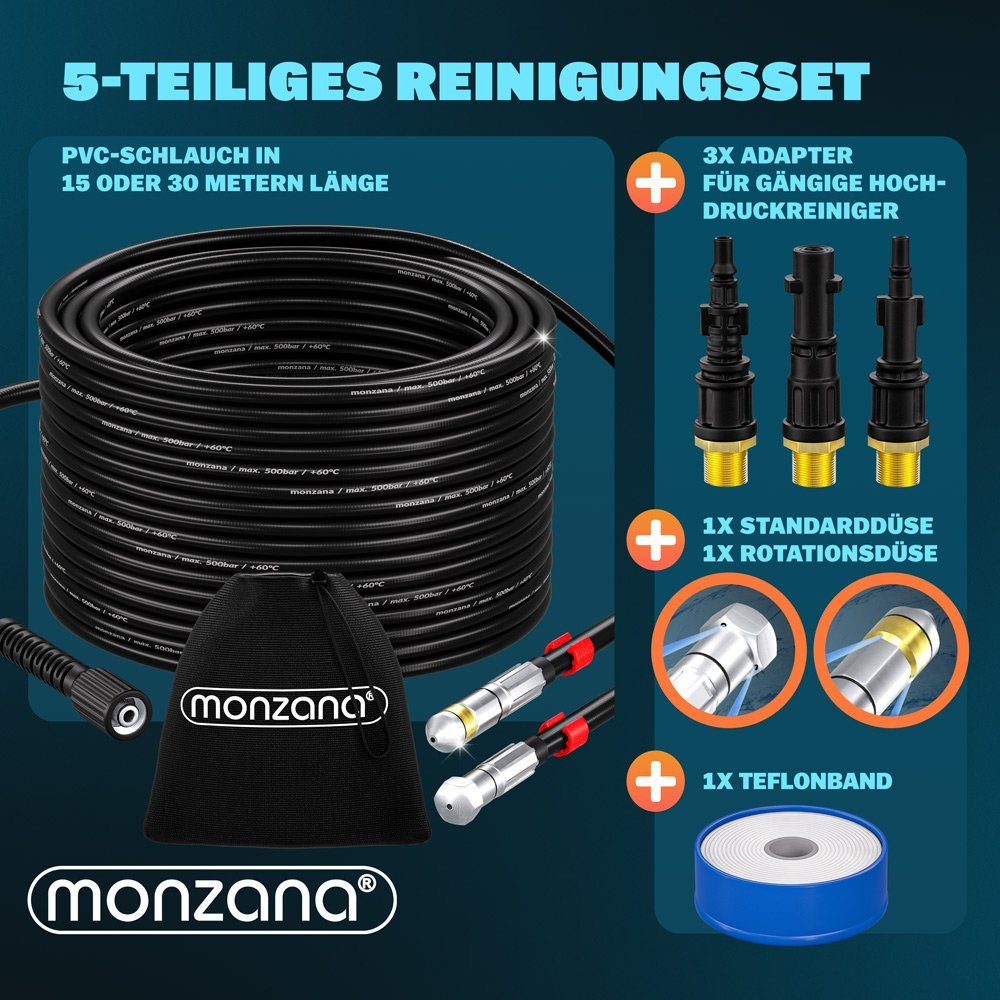 monzana Rohrreinigungsspirale, Rohrreinigungsschlauch 30m 200bar 3 Adapter 2 Düsen Kärcher kompatibel