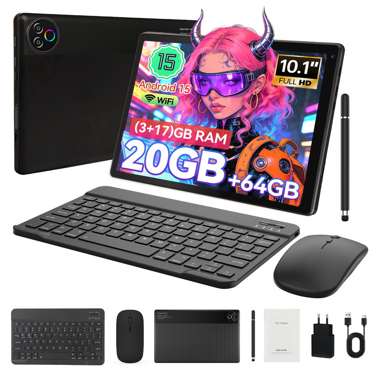 Happybe 10’’ HD Android 15, 20(3+17)GB RAM, 64GB, WiFi6 mit Tastatur und Stift Tablet (10", 64 GB, Android, WiFi6, Großbs Display Tablet mit Stift, Tastatur und Maus, Widevine L1)
