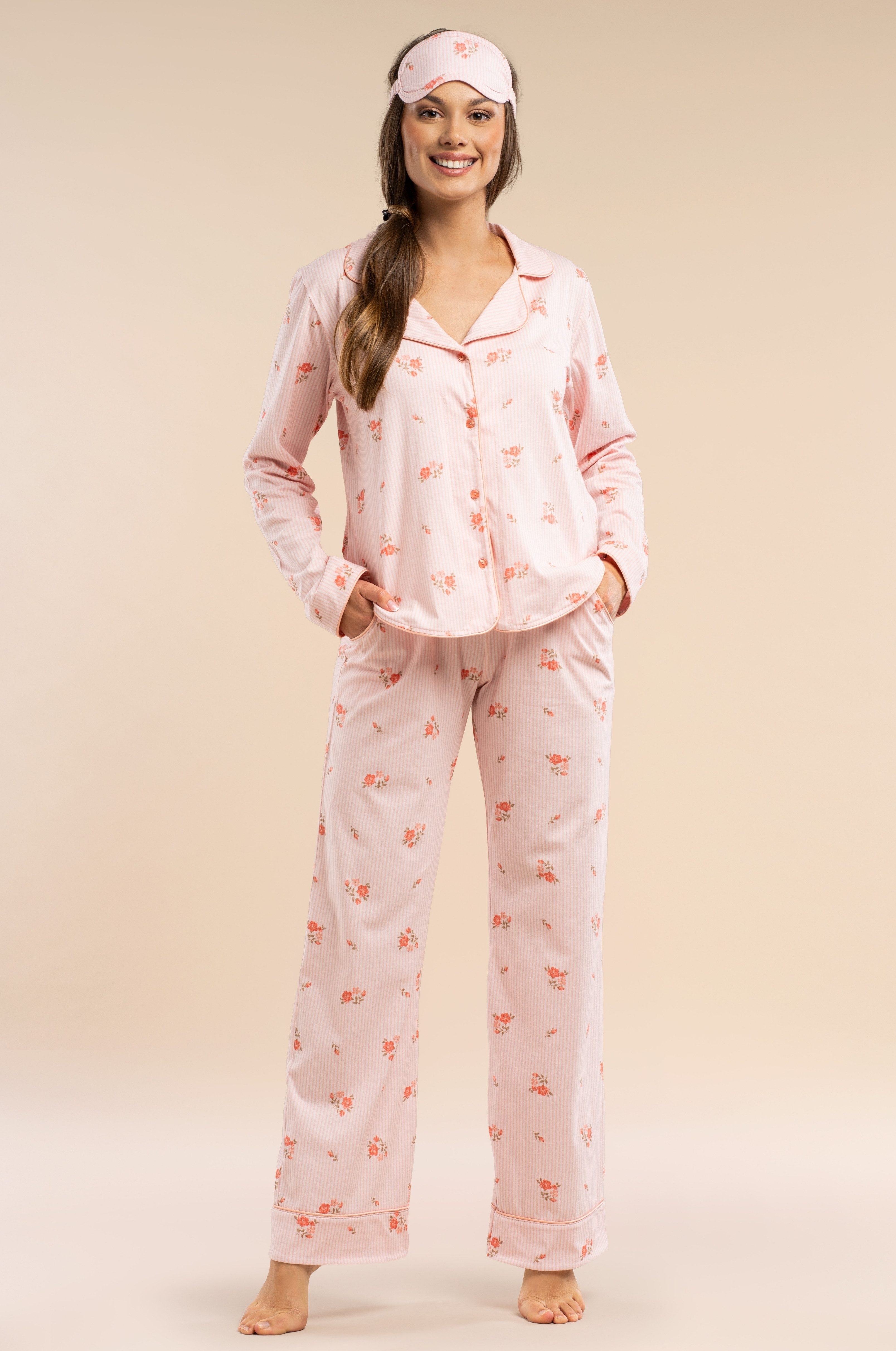 Mademoiselle Sommeil Pyjama Schlafanzug langarm in Rosa mit Blumenprint (2 tlg) mit Knopfleiste & Taschen