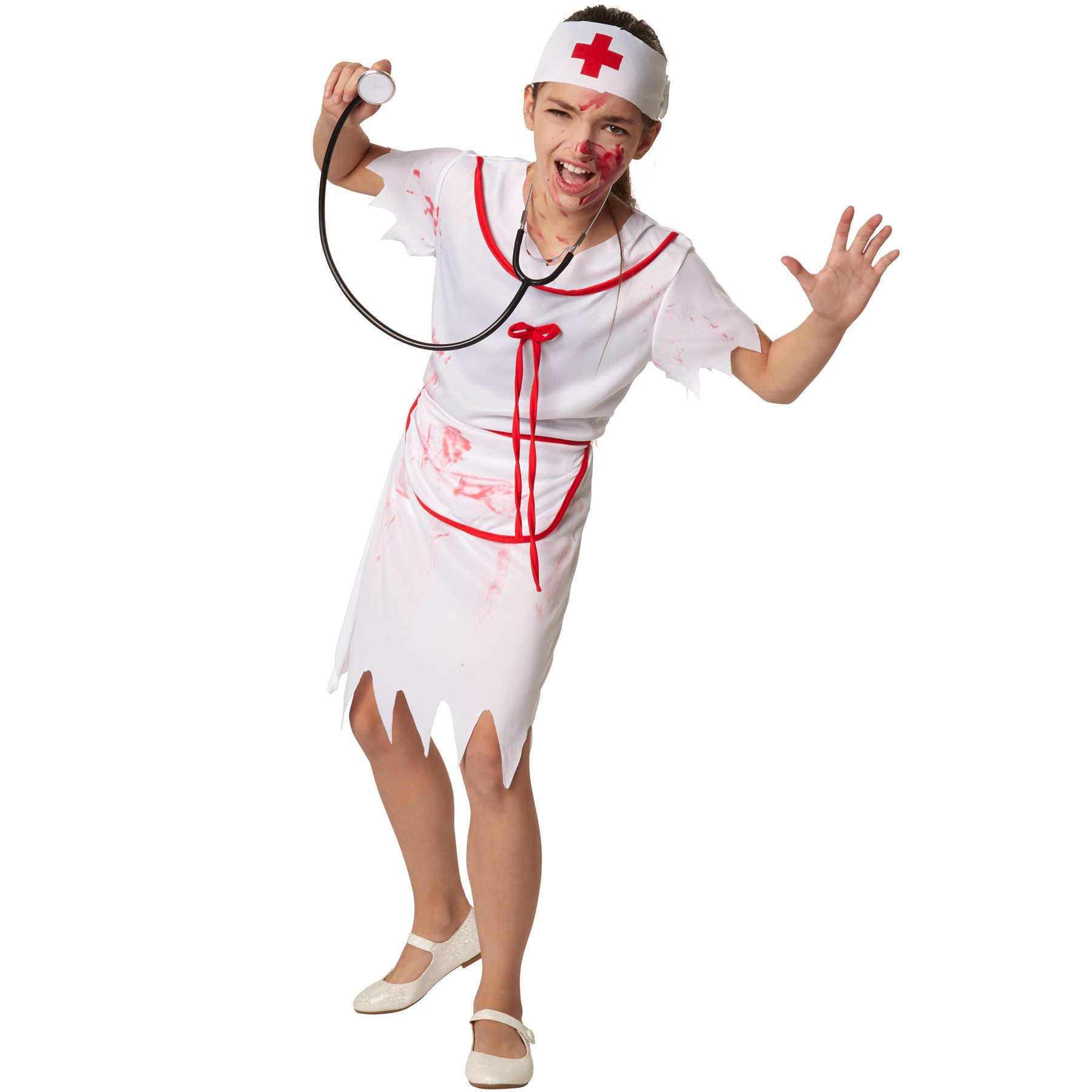 dressforfun Kostüm Mädchenkostüm Gruselige Zombie Krankenschwester, Kurzkleid in Weiß mit Blutflecken