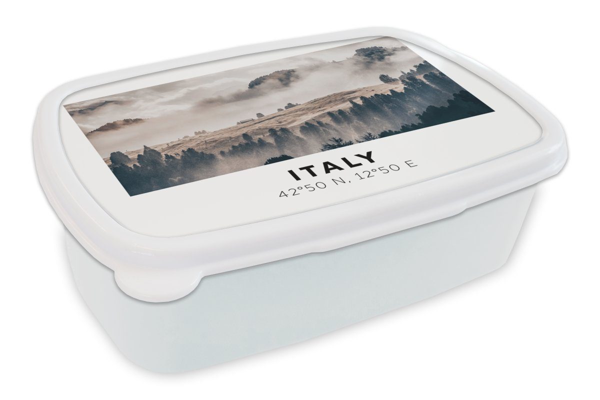 MuchoWow Lunchbox Italien - Dolomiten - Sommer - Nebel, Kunststoff, (2-tlg), Brotbox für Kinder und Erwachsene, Brotdose, für Jungs und Mädchen weiß