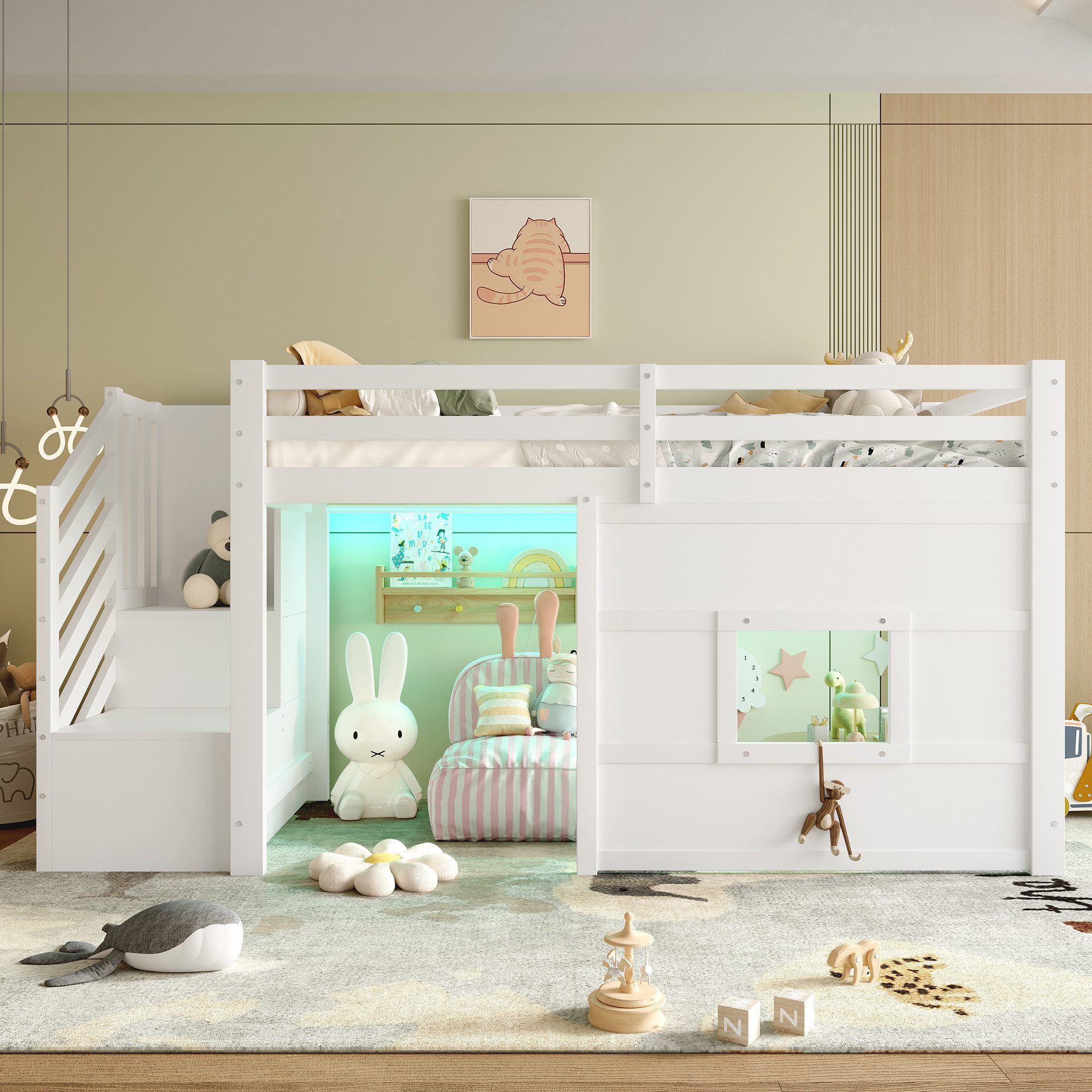 OKWISH Hochbett Kinderbett,Funktionsbett,Einzelbett (90x200 Hochbett mit Stauraumtreppe, Fenster & LED-Beleuchtung – Weiß, stabiler Kiefernholzrahmen, ideal für Kinderzimmer, platzsparend mit integriertem Stauraum, 1-St) mit Stauraumtreppe und Fenster