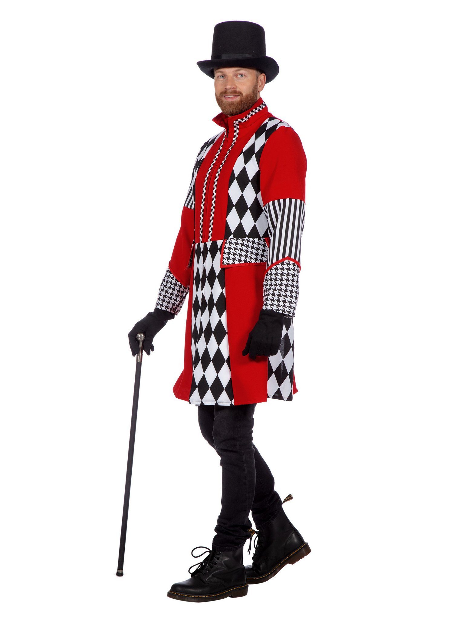 Metamorph König-Kostüm Harlekin Jacke schwarz-weiß-rot, Herrenmantel für Zirkus, Clowns und Karneval