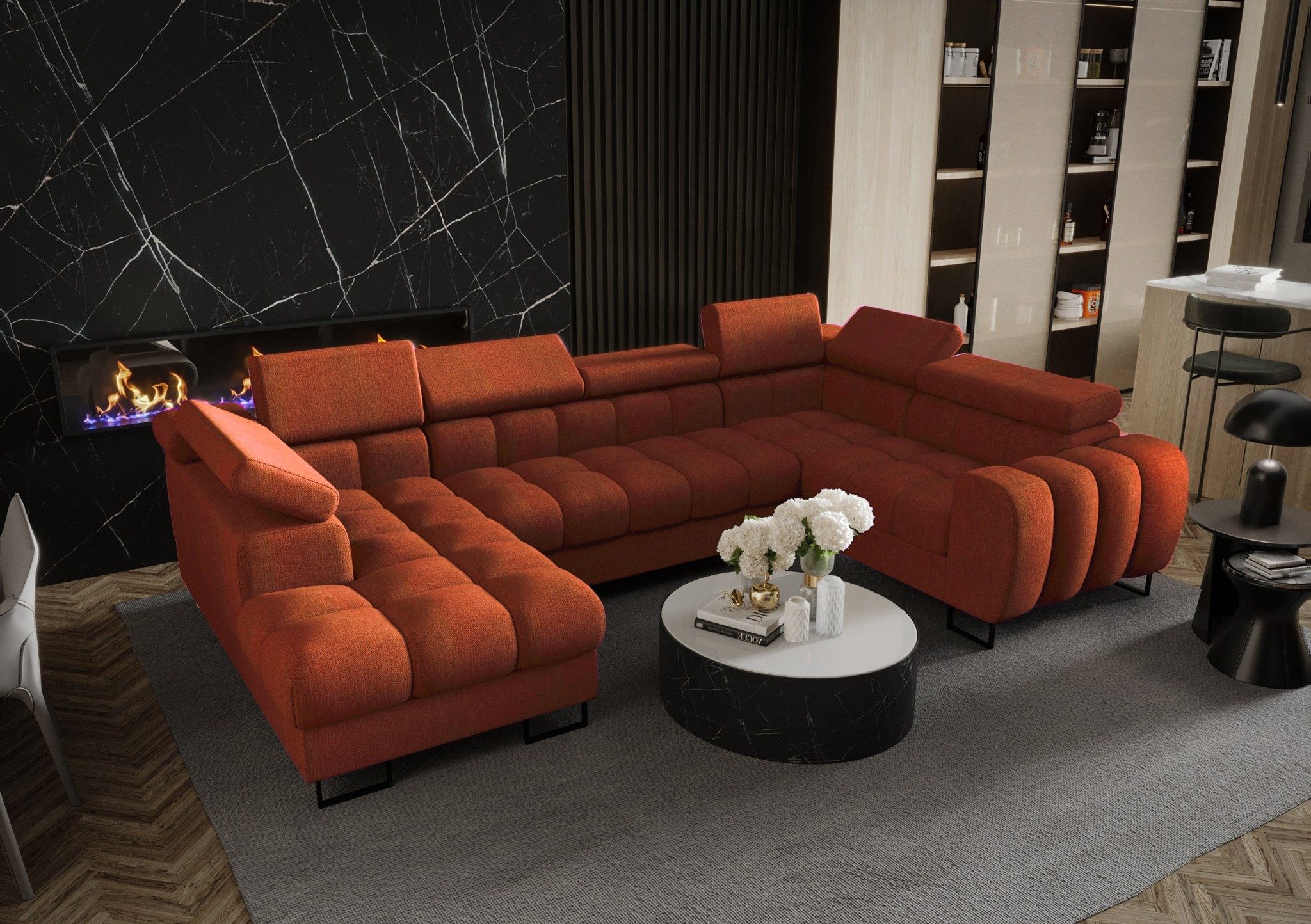 Fun Möbel Wohnlandschaft Schlafsofa BASTIEN mit Ottomane in Stoff, inkl. Bettkasten, mit Rundumbezug, ausziehbare Liegefläche