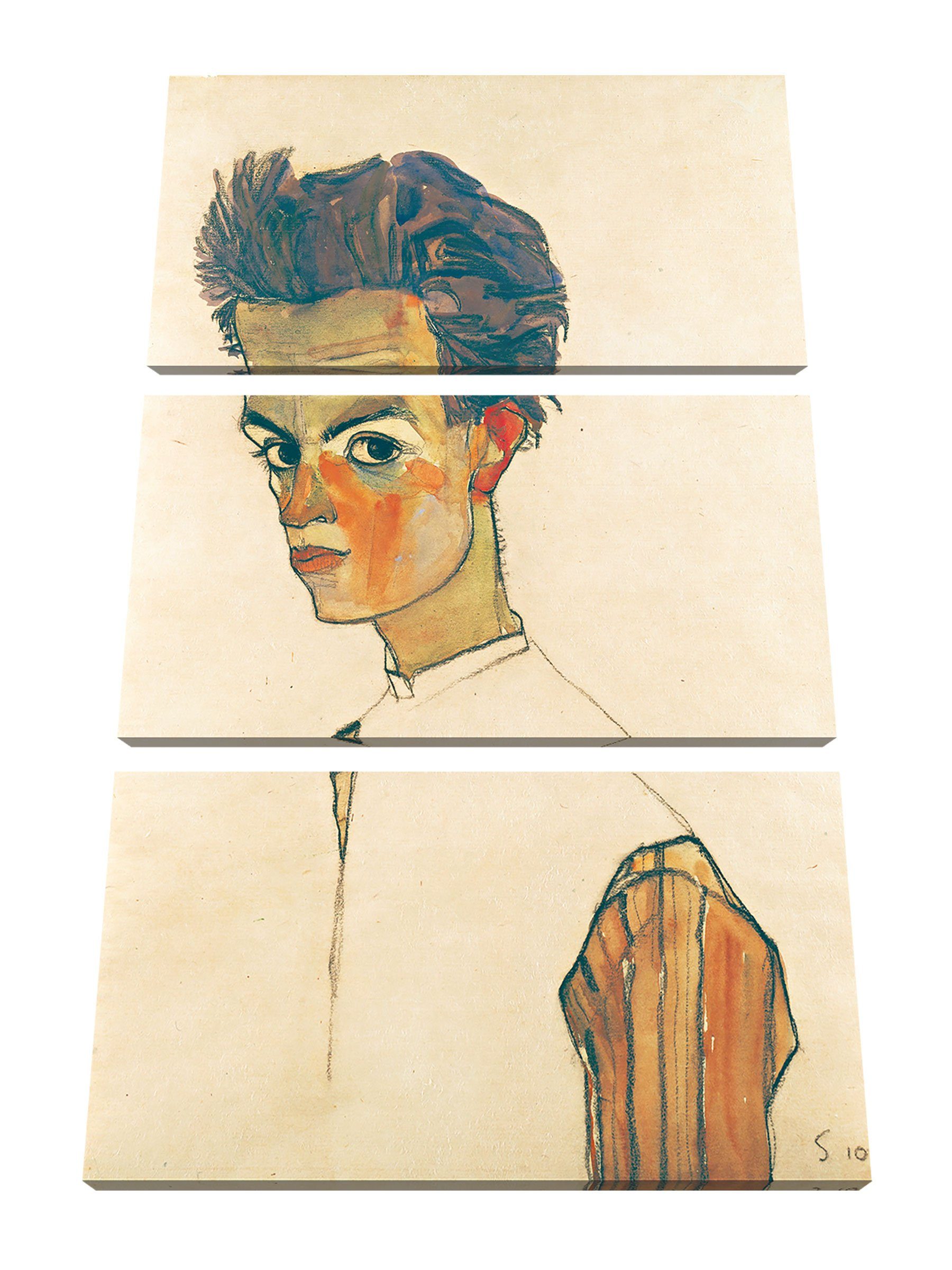 Pixxprint Leinwandbild Egon Schiele - Selbstportrait, 3Teiler (120x80) bespannt, Schiele Egon fertig - inkl. (1 Selbstportrait Leinwandbild St), Zackenaufhänger