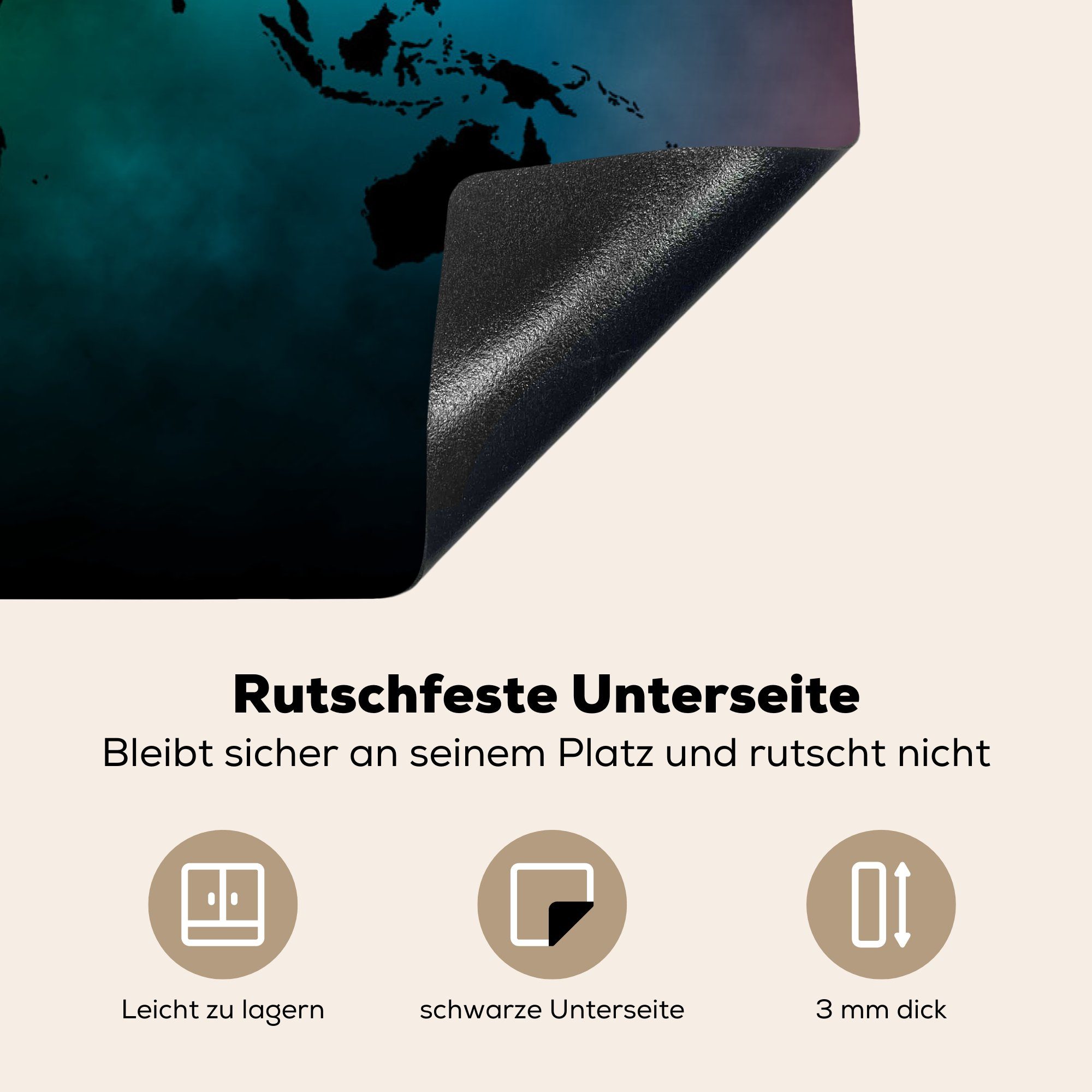 Schutz Grün, Herdblende-/Abdeckplatte küche, 81x52 Induktionskochfeld - - Weltkarte Vinyl, cm, die Ceranfeldabdeckung (1 Schwarz für MuchoWow tlg),