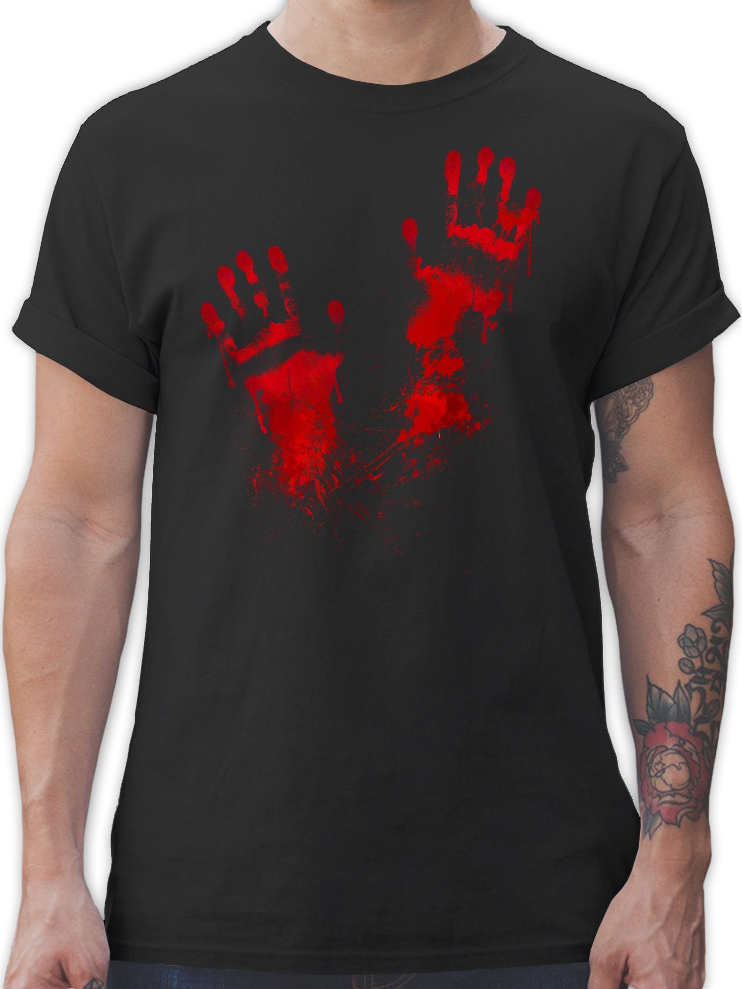 Shirtracer T-Shirt Blutige Handabdrücke Gruselig Blut Handabdruck Halloween Kostüme Herren 01 Schwarz