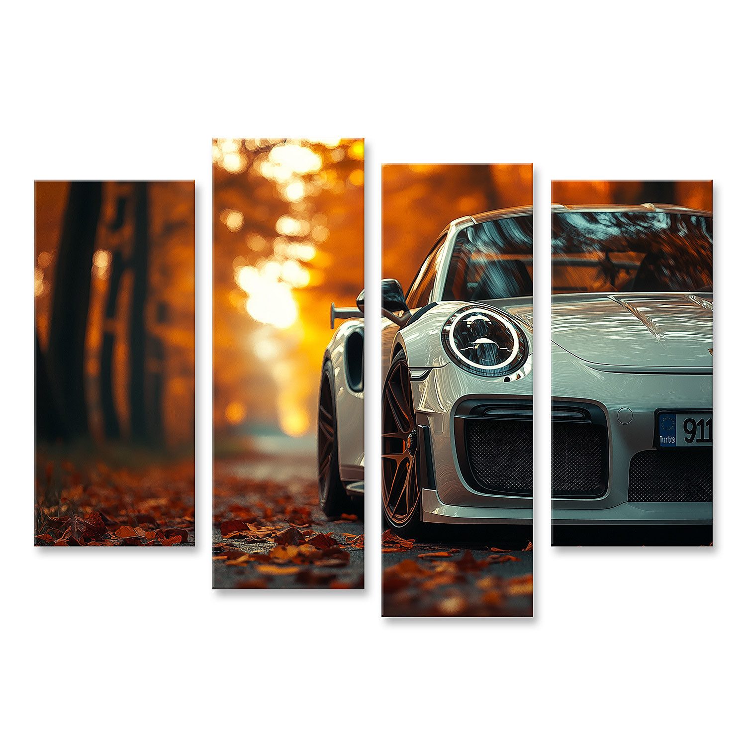 islandburner Leinwandbild, Herbstlicher Porsche im Sonnenuntergang